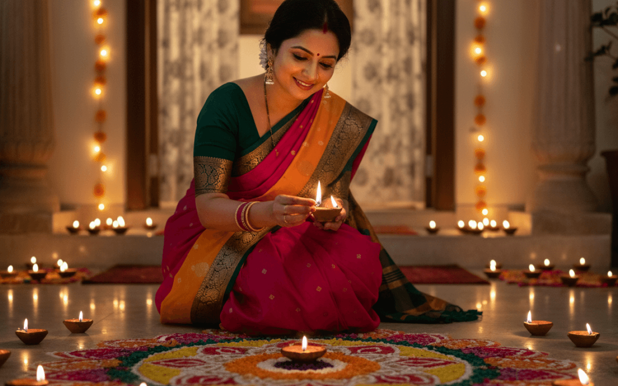A woman in a traditional saree lights oil lamps around a colorful rangoli, surrounded by glowing diyas, celebrating Diwali in a warmly decorated home as loved ones send money from the US to join in the festive joy.