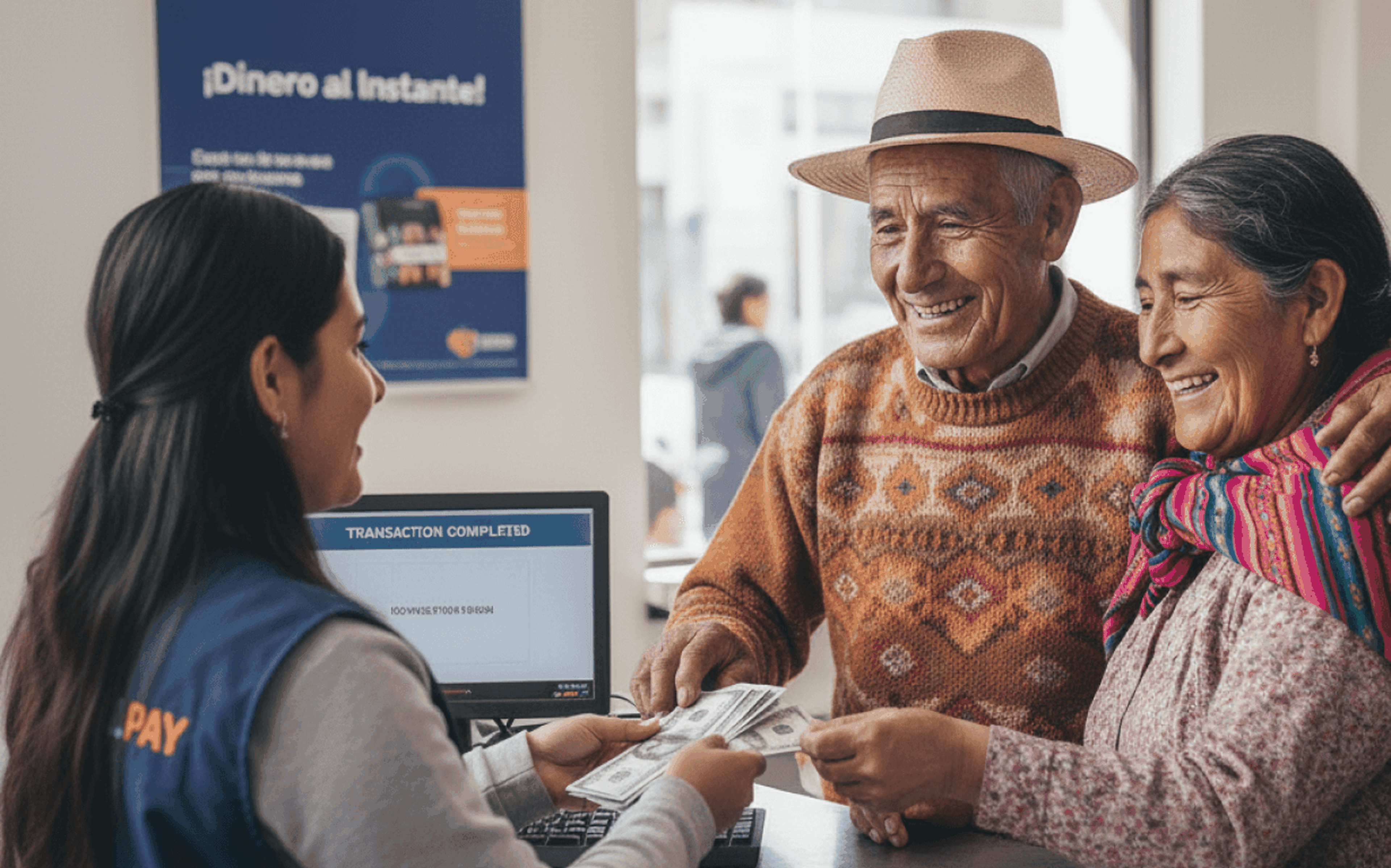 An elderly couple smiles as they receive cash from a female teller across a counter after they send money to Peru. A computer screen displays "Transaction Completed" and a sign on the wall reads "¡Dinero al Instante!.