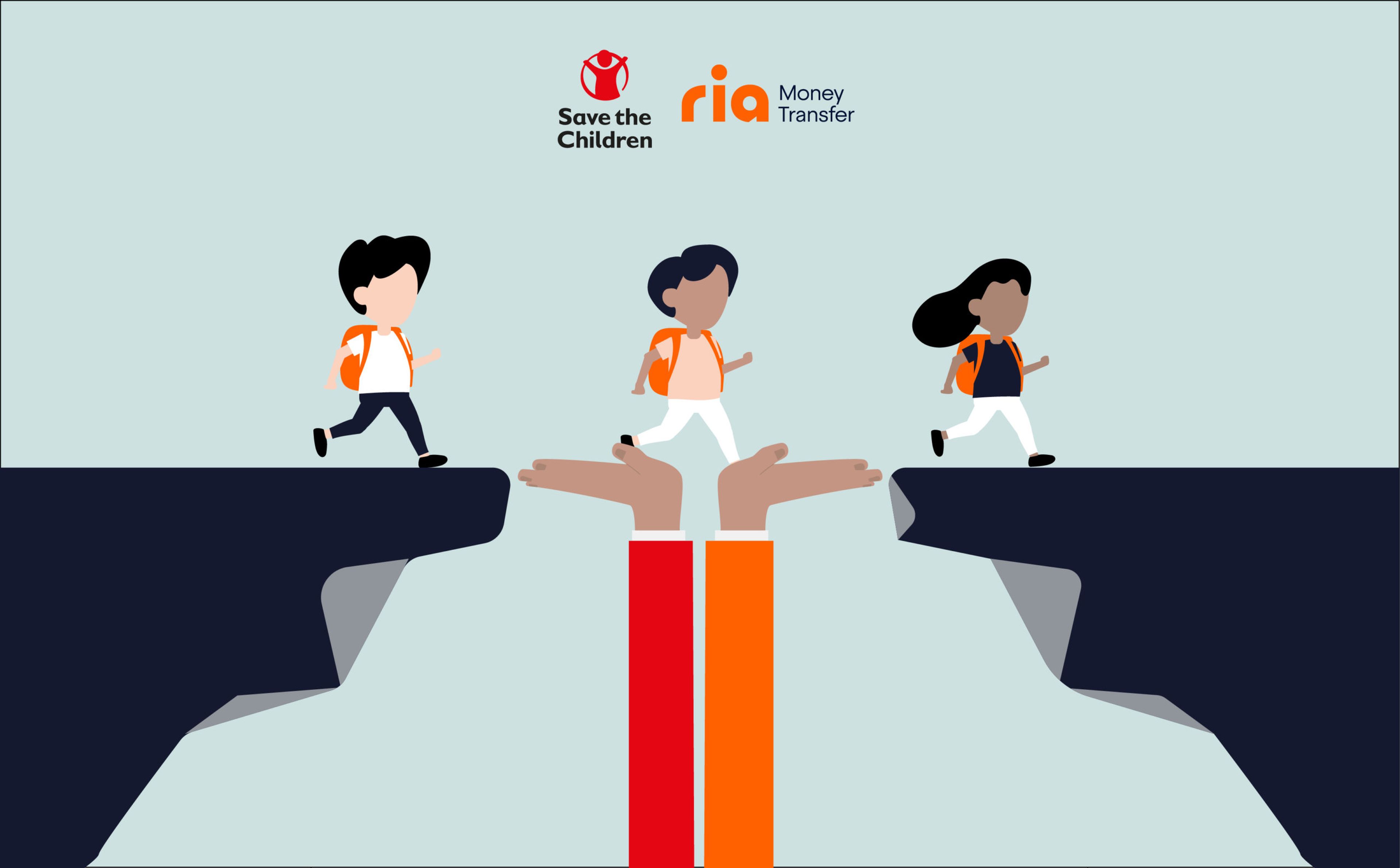 Illustration of three children with backpacks walking across a gap bridged by two hands. On the left, a child stands on one cliff; to the right, two children walk on another. "Save the Children" and "RIA Money Transfer" logos are at the top.