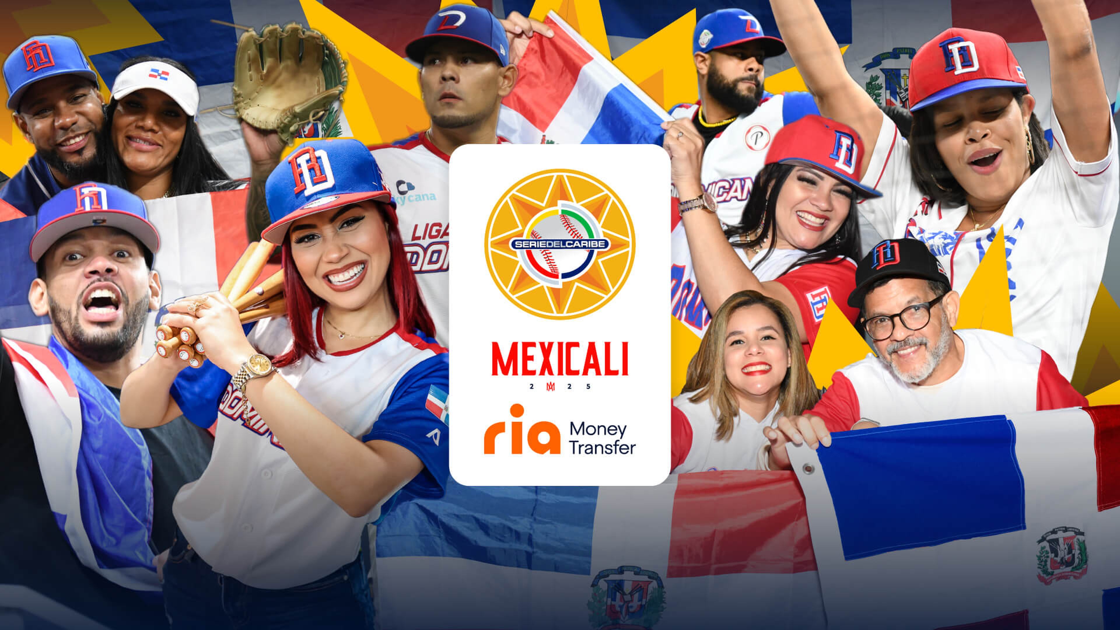 A group of people wearing baseball jerseys and caps are joyfully posing with flags and baseball gear. The image features a logo with the text "Mexicali 2023" and "Ria Money Transfer." Colorful triangles form the background.