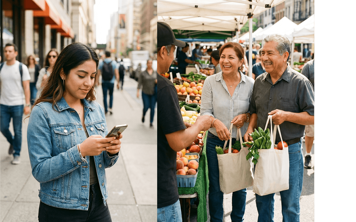 A young woman in a denim jacket uses her phone on a city street; beside her, an older couple smiles while holding produce bags at an outdoor farmers market—a familiar stop in their monthly routine.