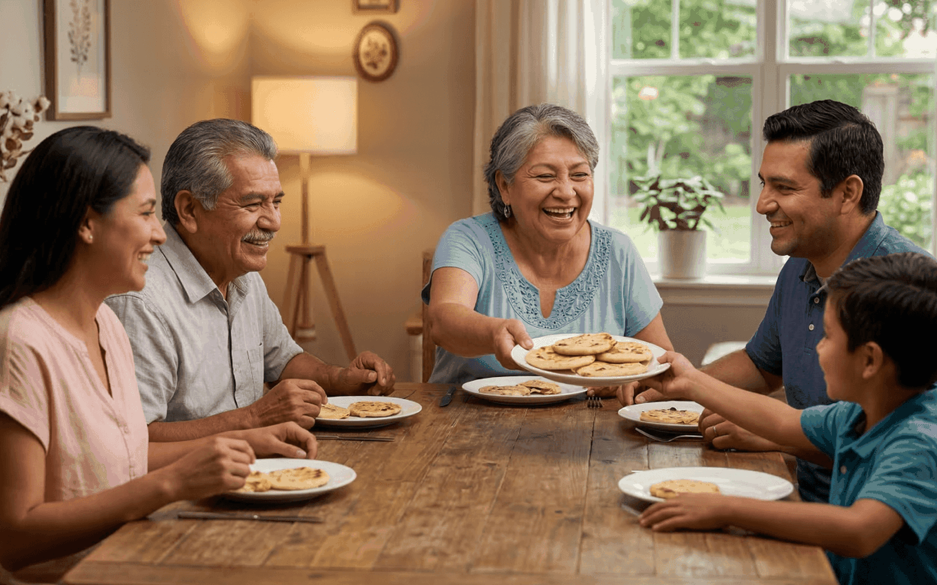 A smiling family of five sits around a wooden dining table, sharing cookies. As sunlight streams through the window, the woman in the center hands a plate of cookies to a man, celebrating after being able to send money to El Salvador.