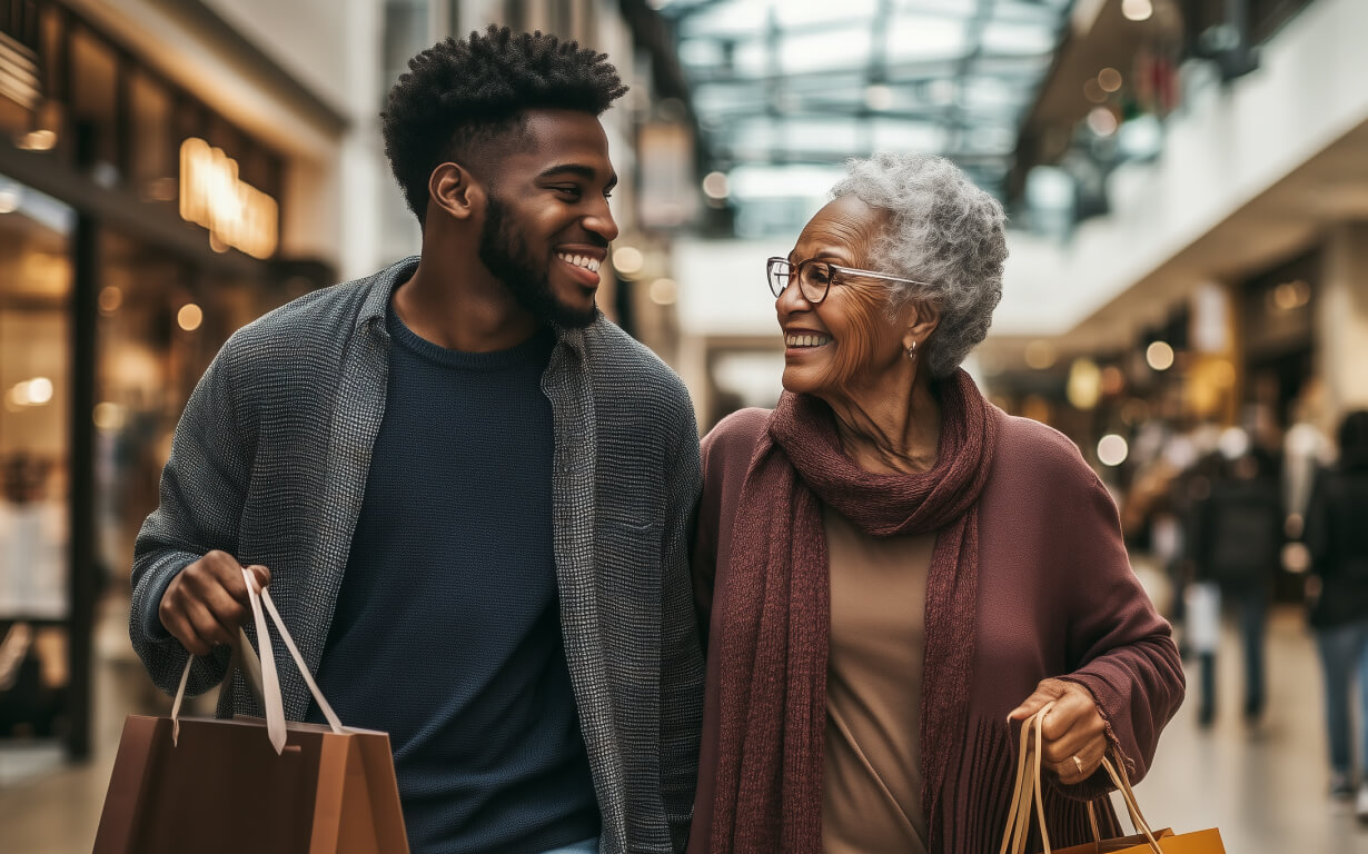 A young man and an older woman share a smile as they stroll through the bustling mall, their arms laden with shopping bags.