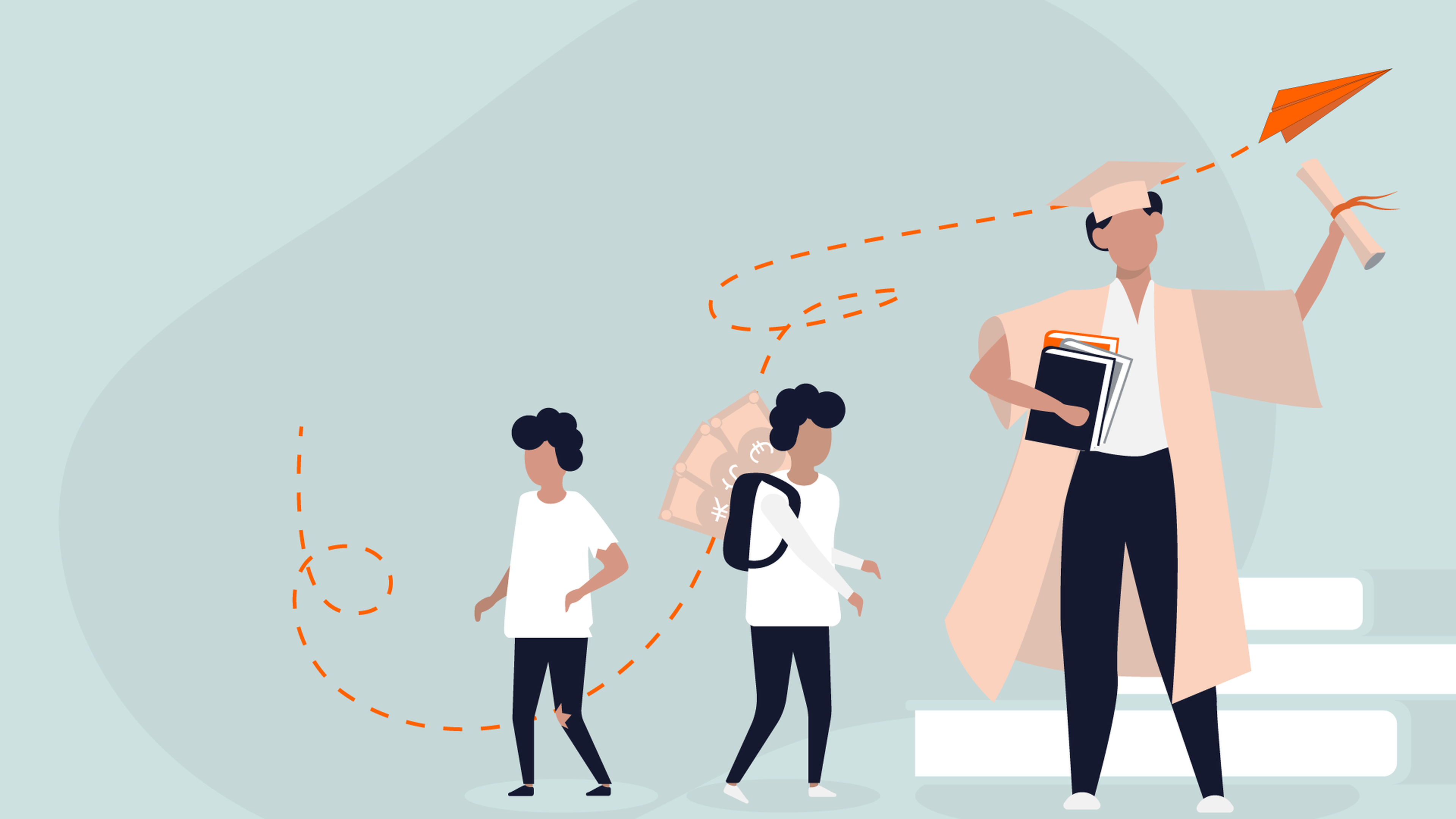 Illustration of three individuals at different stages of education and growth. On the left, a small child walks with a paper airplane trailing behind. In the middle, a student carries a backpack. On the right, a graduate in a cap and gown holds a diploma and books.