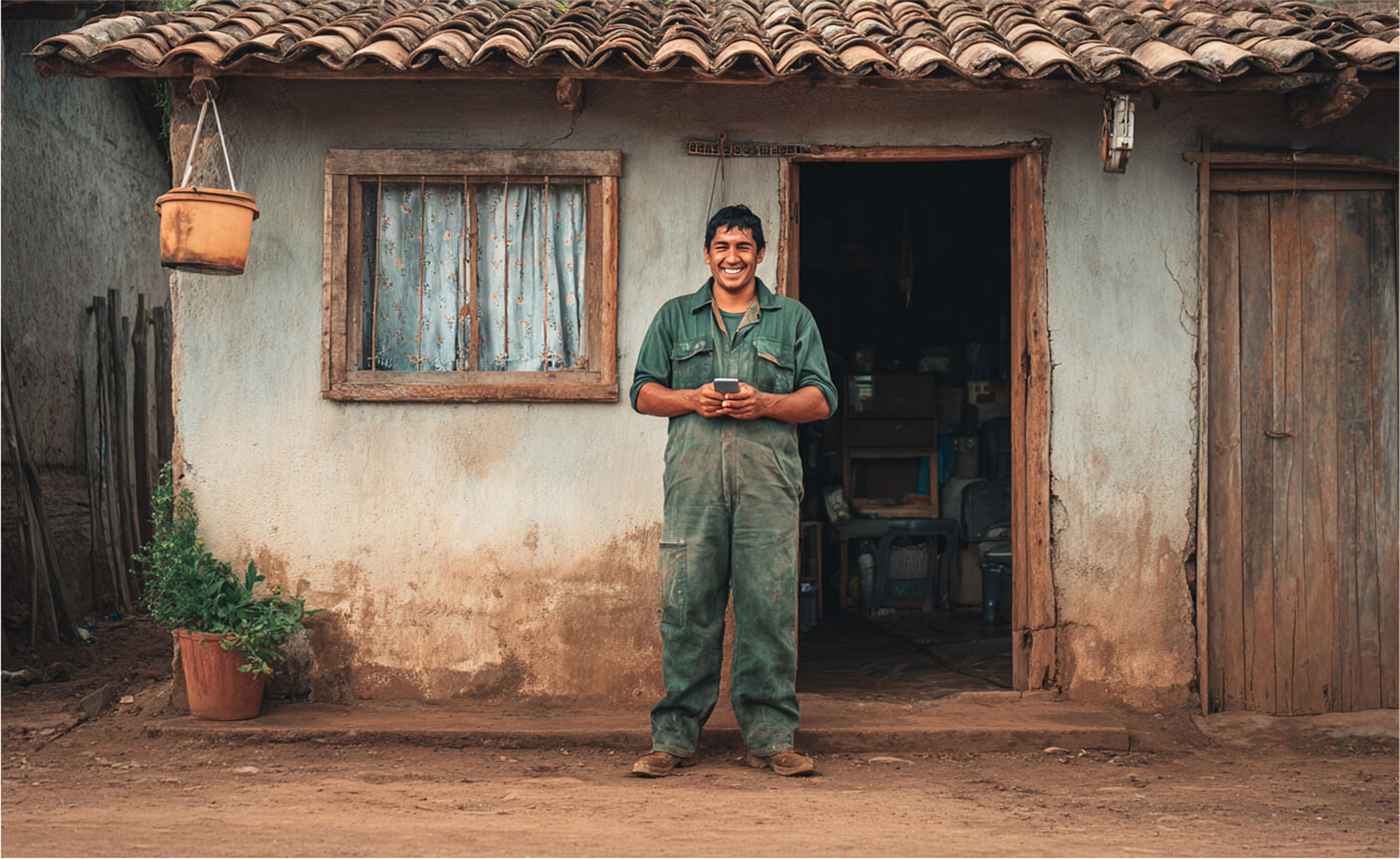 A man in green overalls smiles while standing in front of a rustic house with a tiled roof and wooden door, showing how easy it is to send money without a bank account. A potted plant and hanging pot are visible near the entrance.