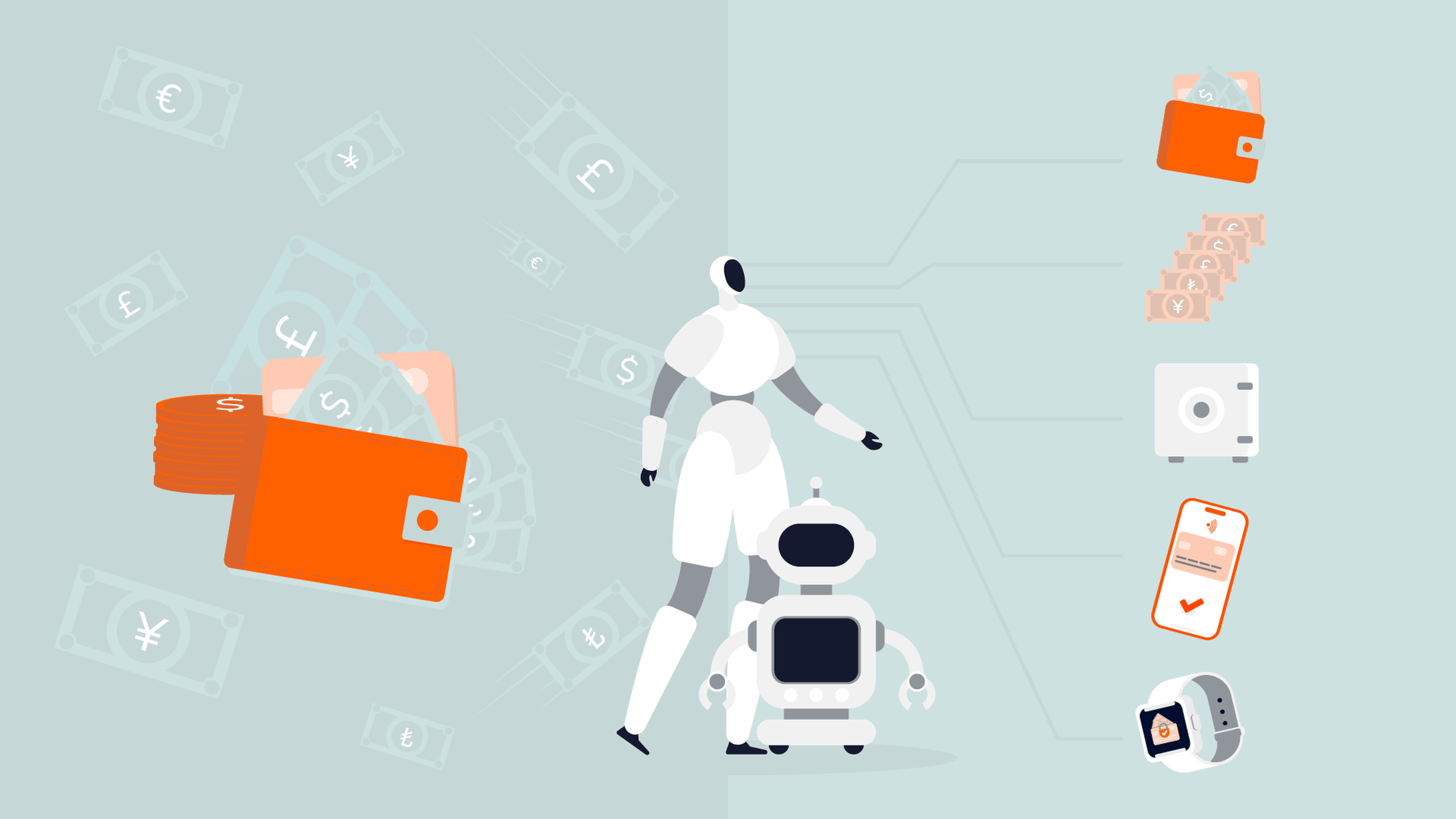 A futuristic illustration featuring two robots interacting. One is human-like, the other resembles a small, wide machine. Around them are icons of digital wallets, AI systems, currencies (€, $, ¥), mobile devices, and a vault, indicating themes of finance and technology.