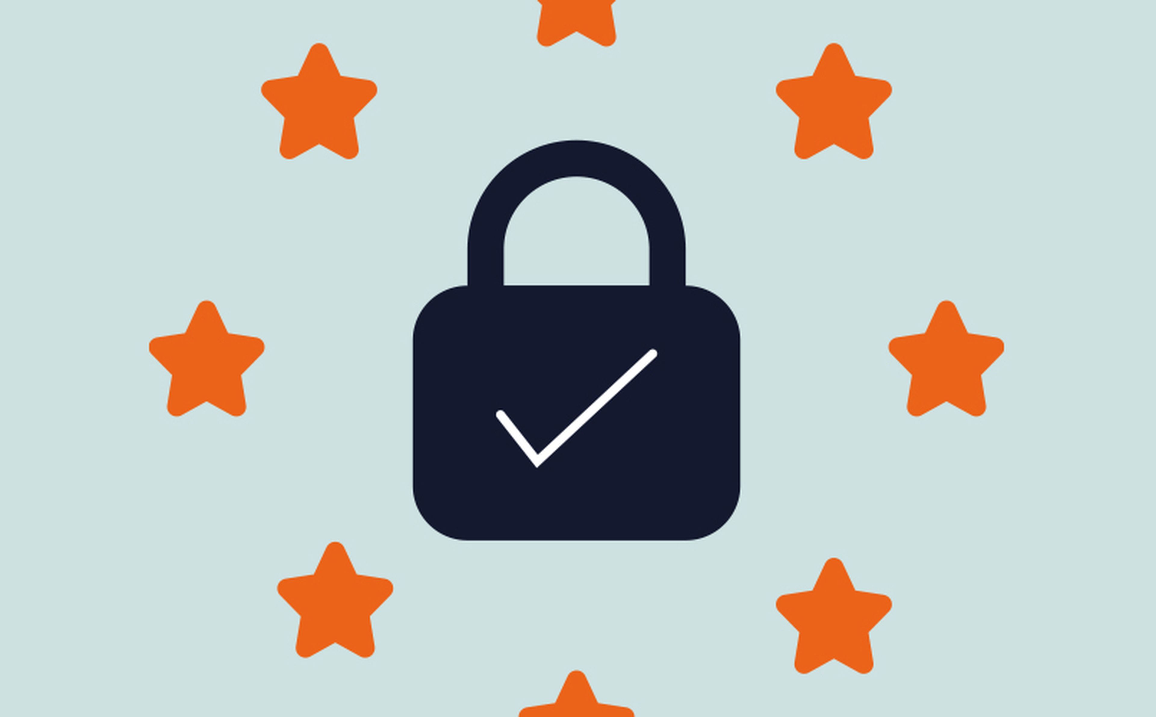 A black padlock icon with a white checkmark in the center, symbolizing compliance, is surrounded by eight orange stars in a semicircular pattern on a light blue background.