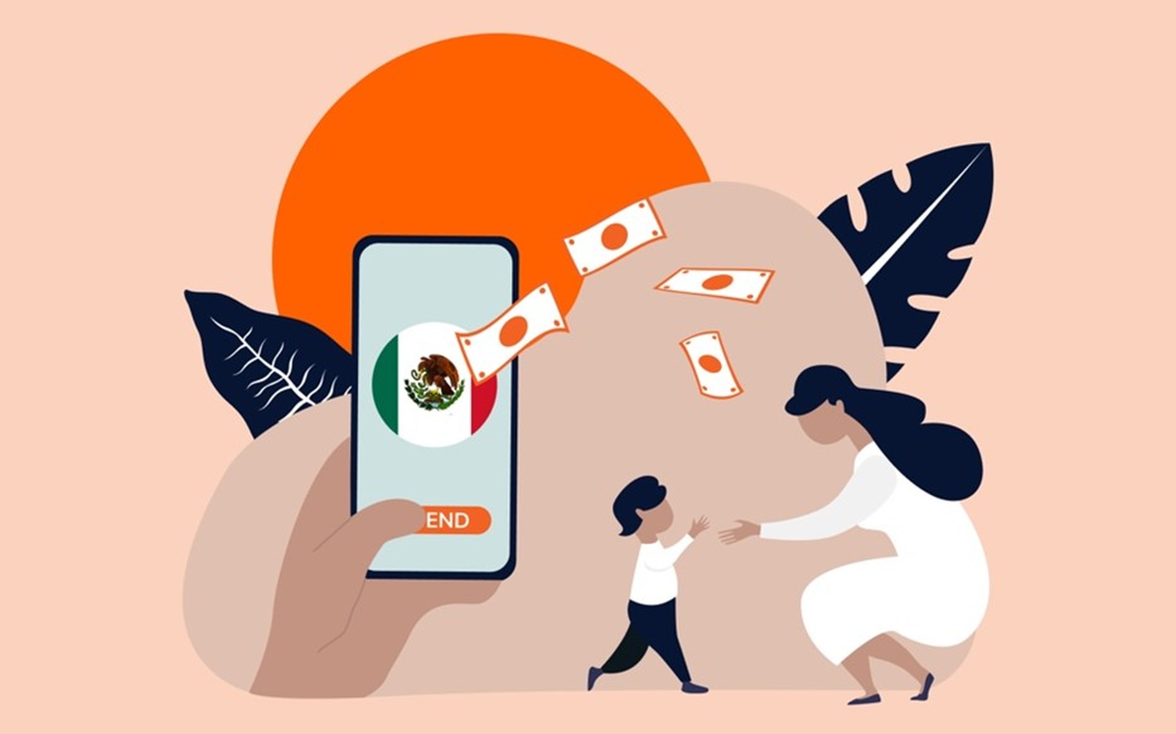 An illustration shows a hand holding a smartphone with a screen displaying "SEND" and the Mexican flag. Currency notes float from the phone towards a child reaching out to a woman, symbolizing money transfer. Background includes abstract shapes and leaves.