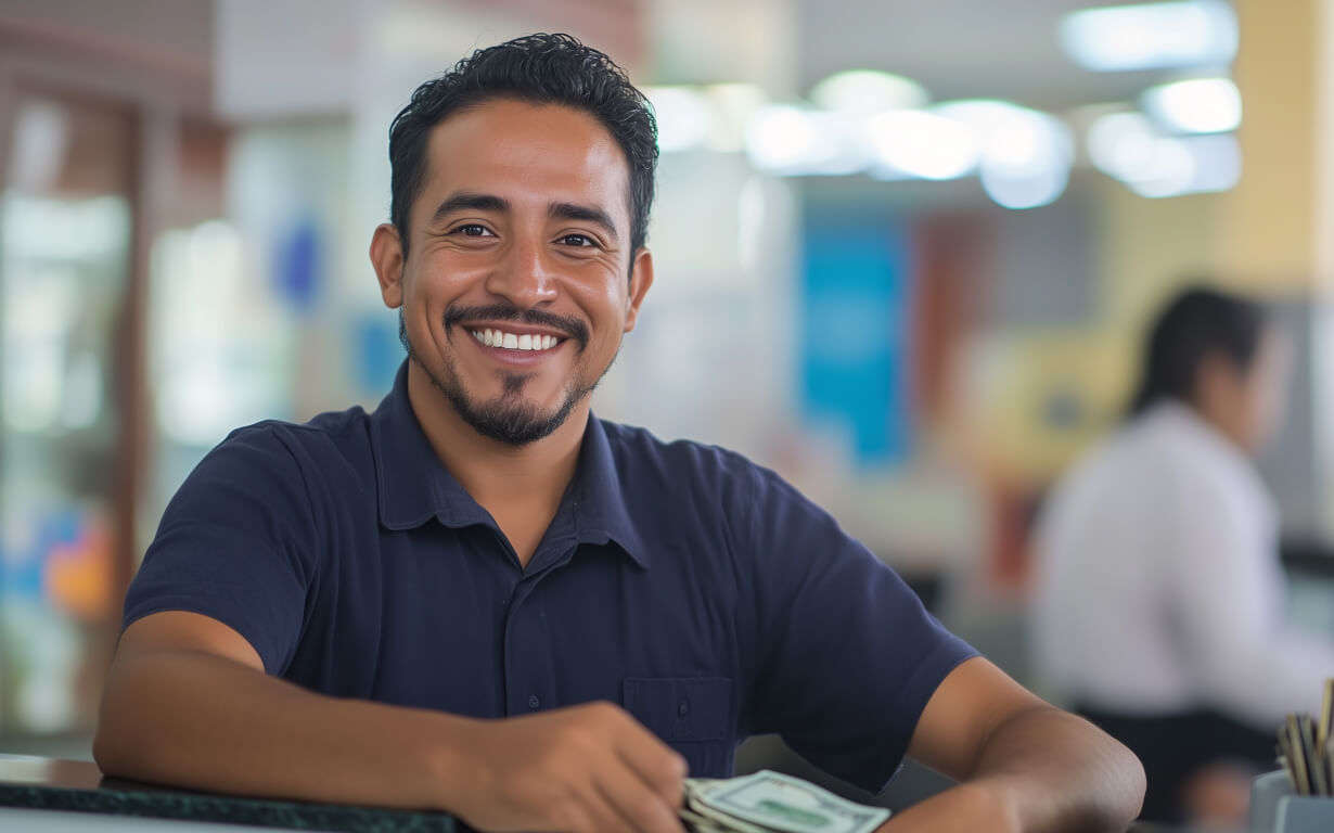 Smiling man in a navy shirt holding dollar bills at a counter, having just received money from overseas in the US, with a blurred office or bank-like environment in the background.
