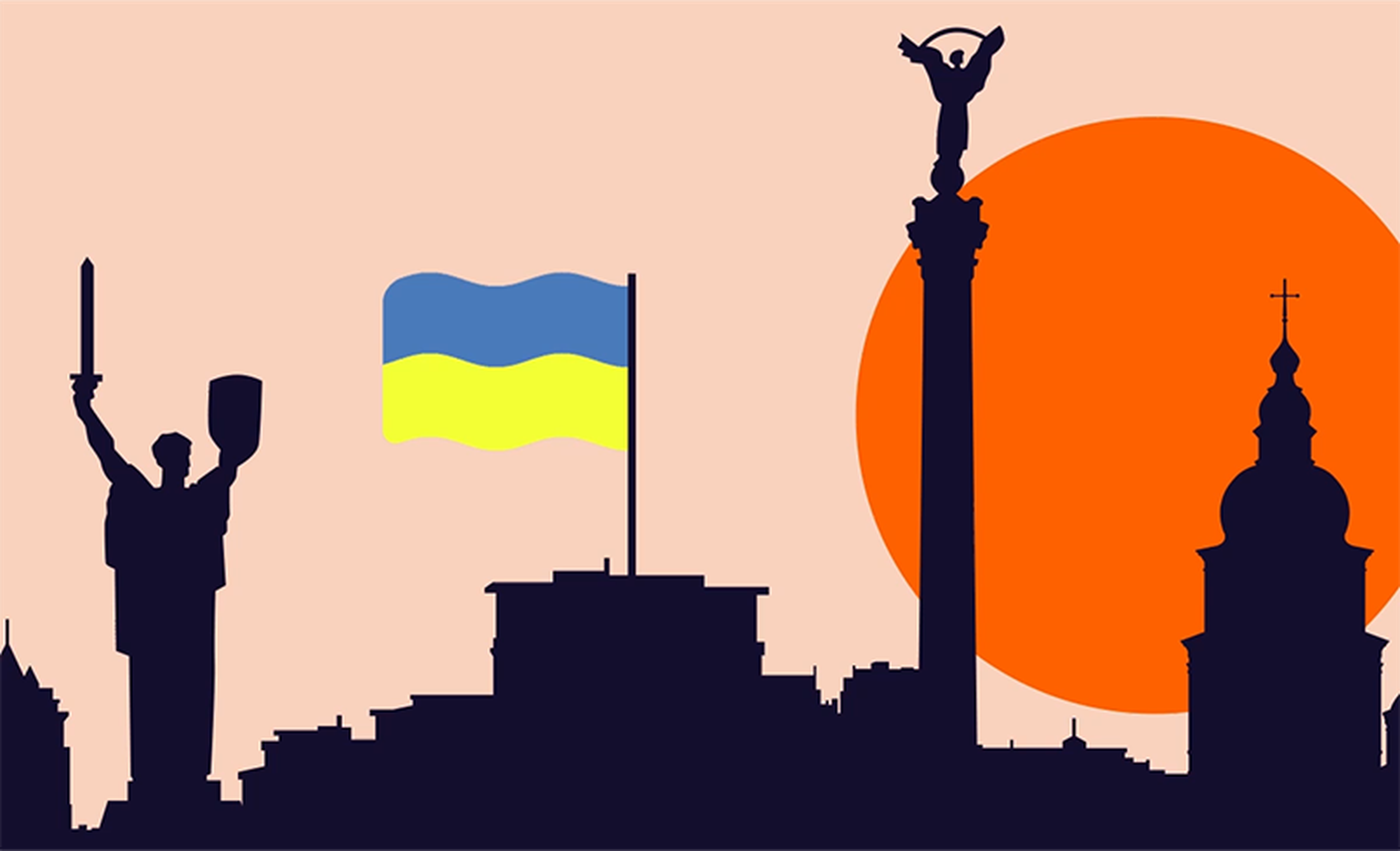 An illustration featuring Ukrainian landmarks against a backdrop of a large, orange sun. The Ukrainian flag waves prominently. Statues, domes, and architectural silhouettes are visible, symbolizing the country’s heritage and resilience.