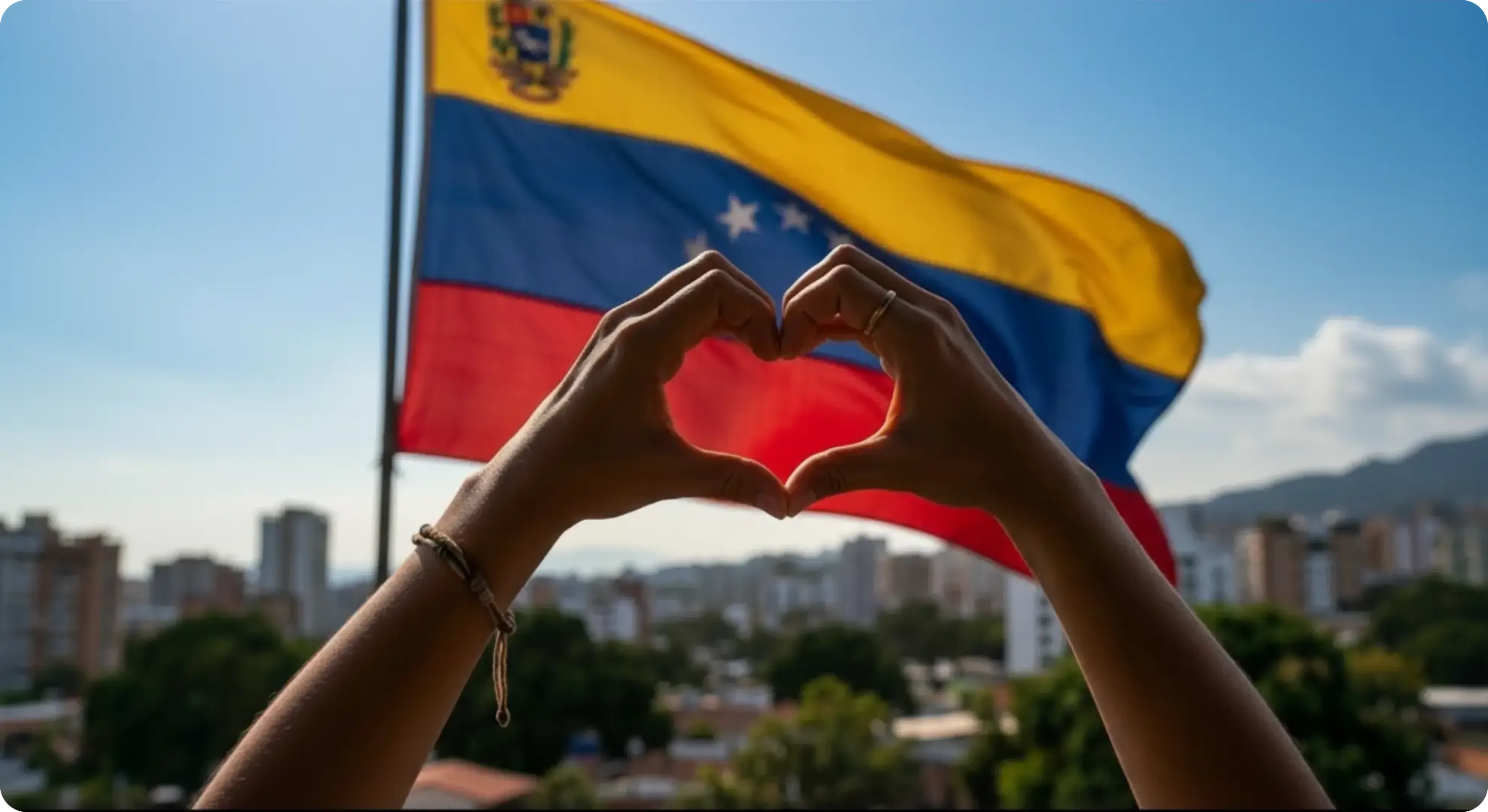 Hands forming a heart shape in the foreground, with the Venezuelan flag waving in the background over a cityscape under a clear blue sky.