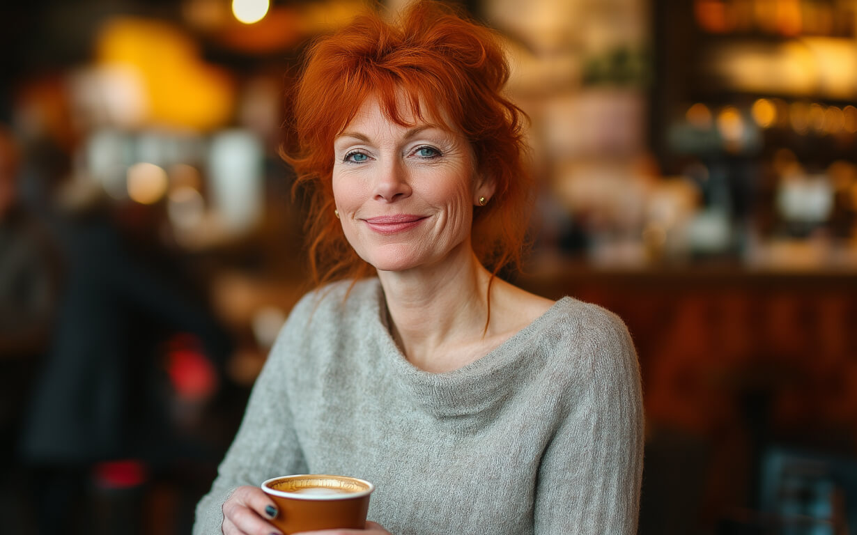 A woman with red hair and a gray sweater smiles while enjoying a cup of coffee in a cozy café, a popular spot among migrant communities. The background is softly blurred, featuring warm lighting and shelves filled with various items.