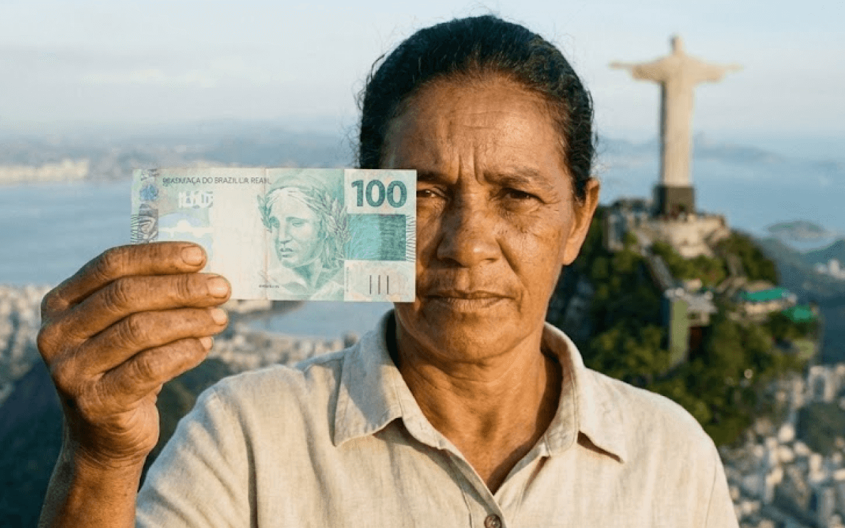 A woman stands in front of the Christ the Redeemer statue in Rio de Janeiro, holding currency—a 100 Brazilian real banknote—up to the camera with the city and mountains in the background.