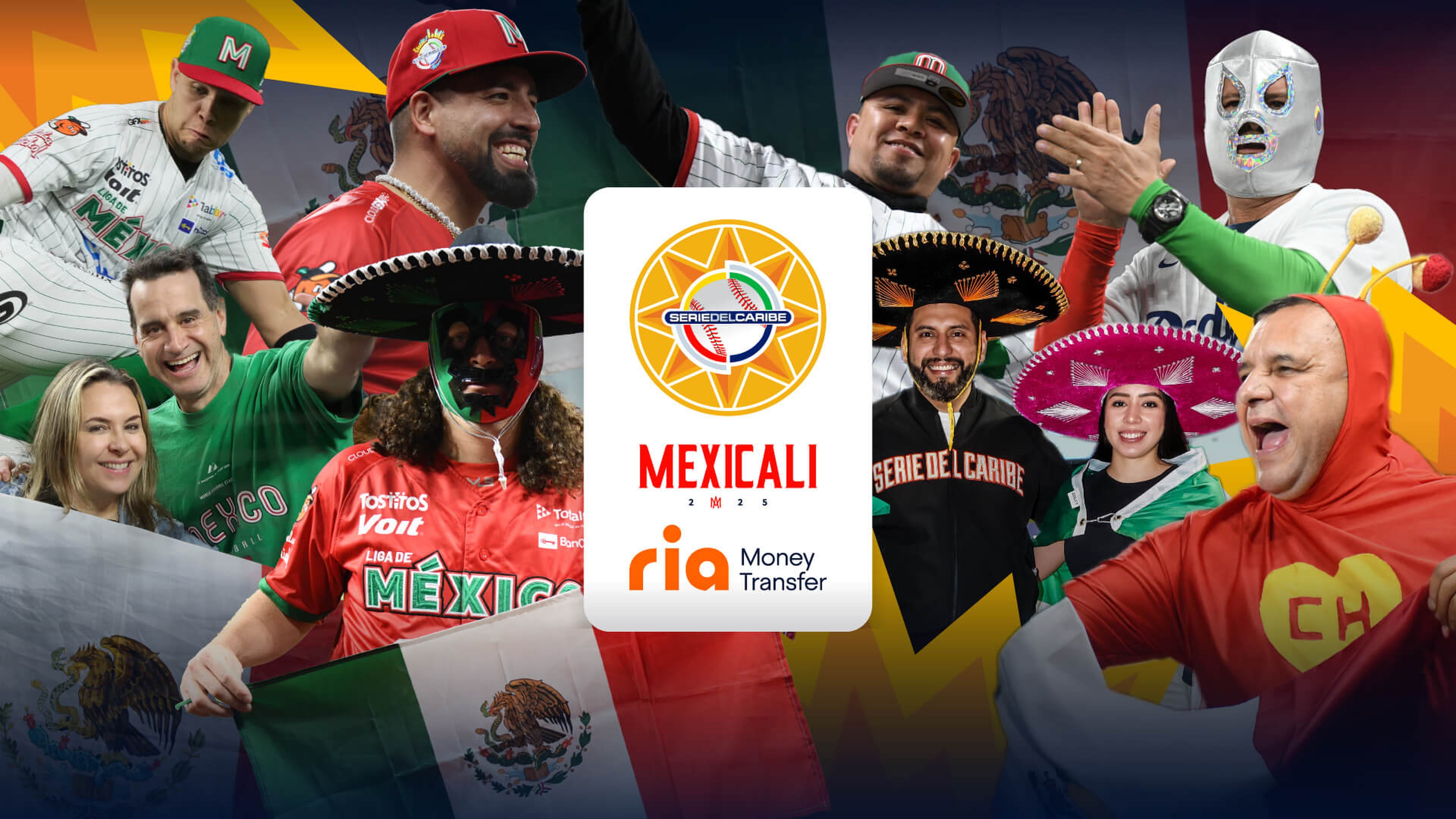 A lively group of people wearing colorful sombreros and Mexican-themed outfits, some holding Mexican flags. In the center, there's a logo for "Serie del Caribe Mexicali 2023" with a "Ria Money Transfer" sponsor text.