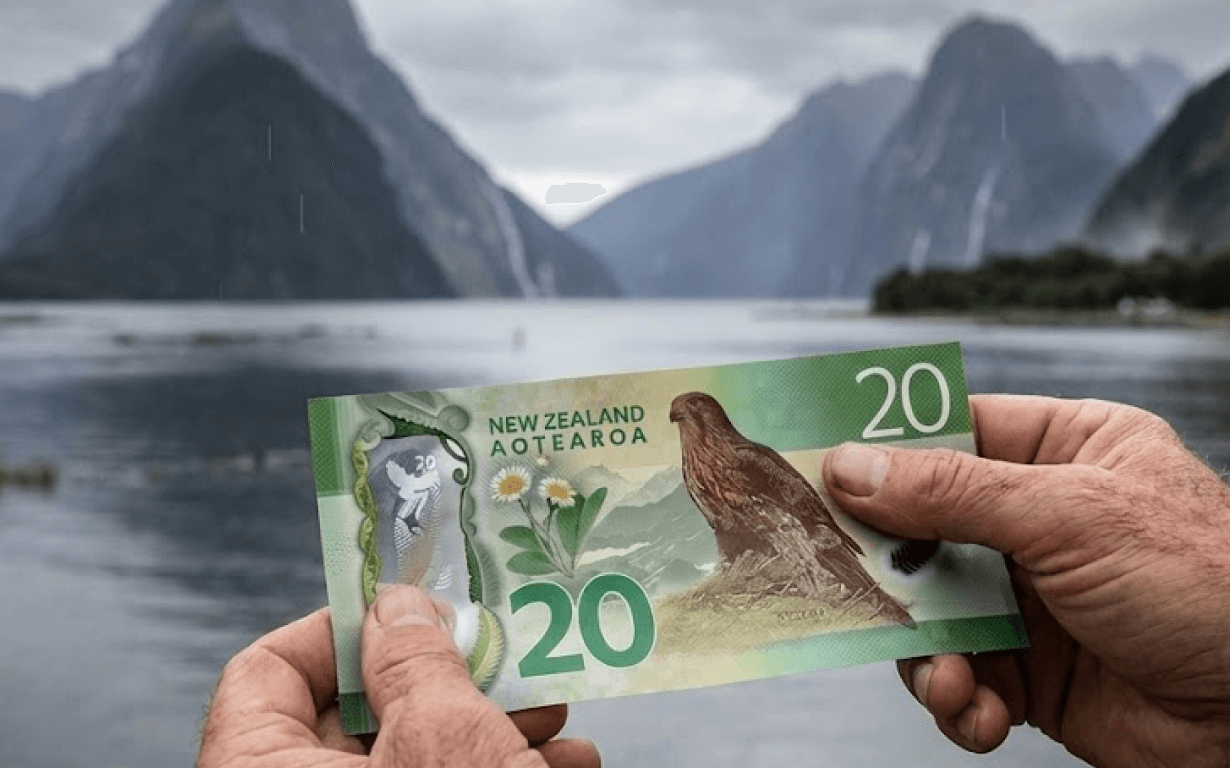 A person holds New Zealand currency—a 20-dollar banknote—against a scenic landscape with mountains, water, and cloudy skies in the background.