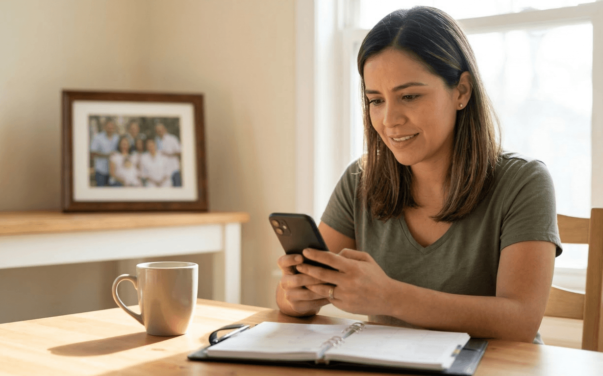 A woman sits at a table using her smartphone to manage remittances, with a mug and open planner in front of her. Sunlight streams through the window, and a framed family photo is visible in the background.
