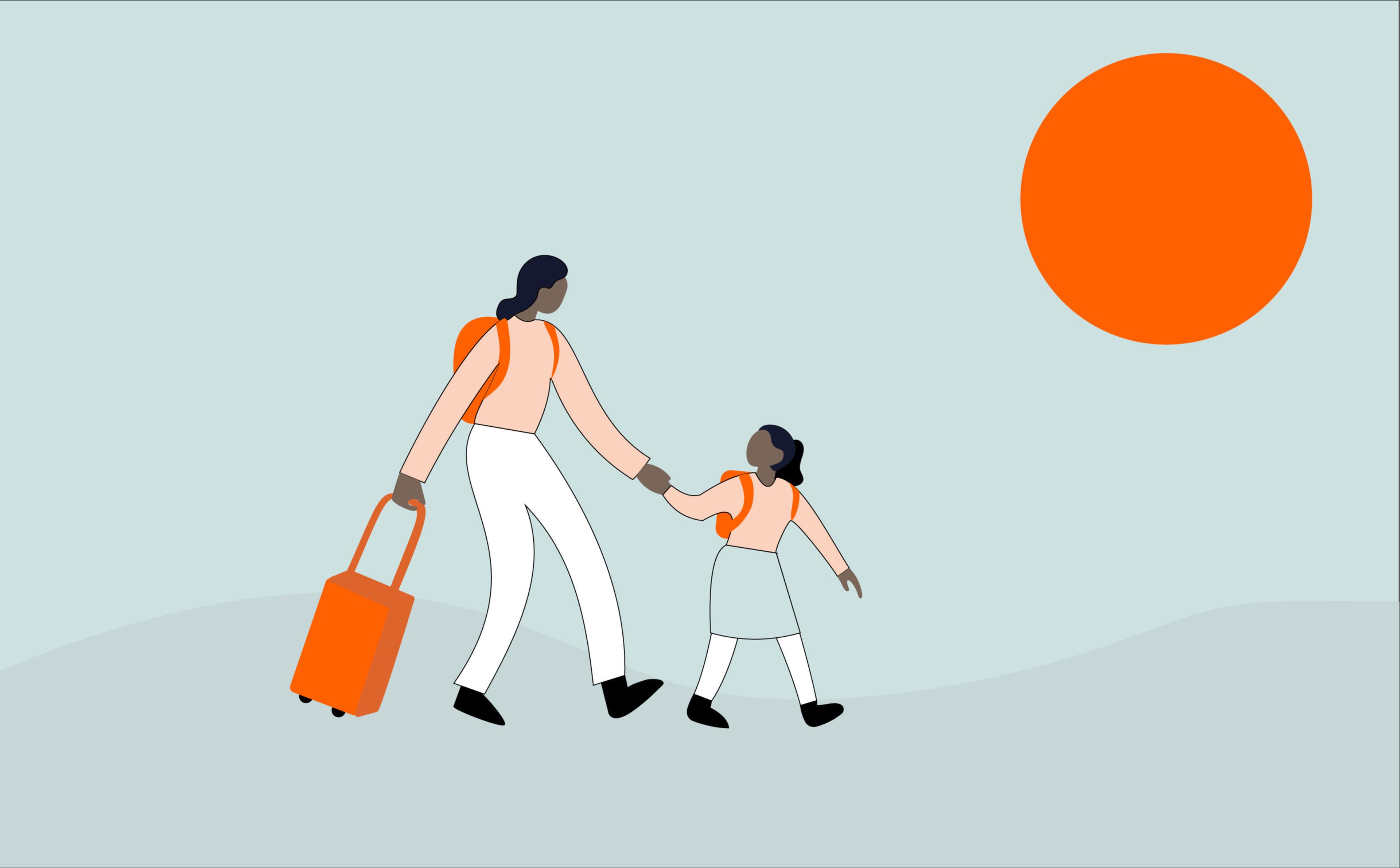 Illustration of a woman and a child holding hands, walking together. The woman pulls an orange suitcase, and both are dressed in matching orange and white clothing. In the background, there's a large, bright orange sun in the sky, symbolizing hope on International Migrants Day.
