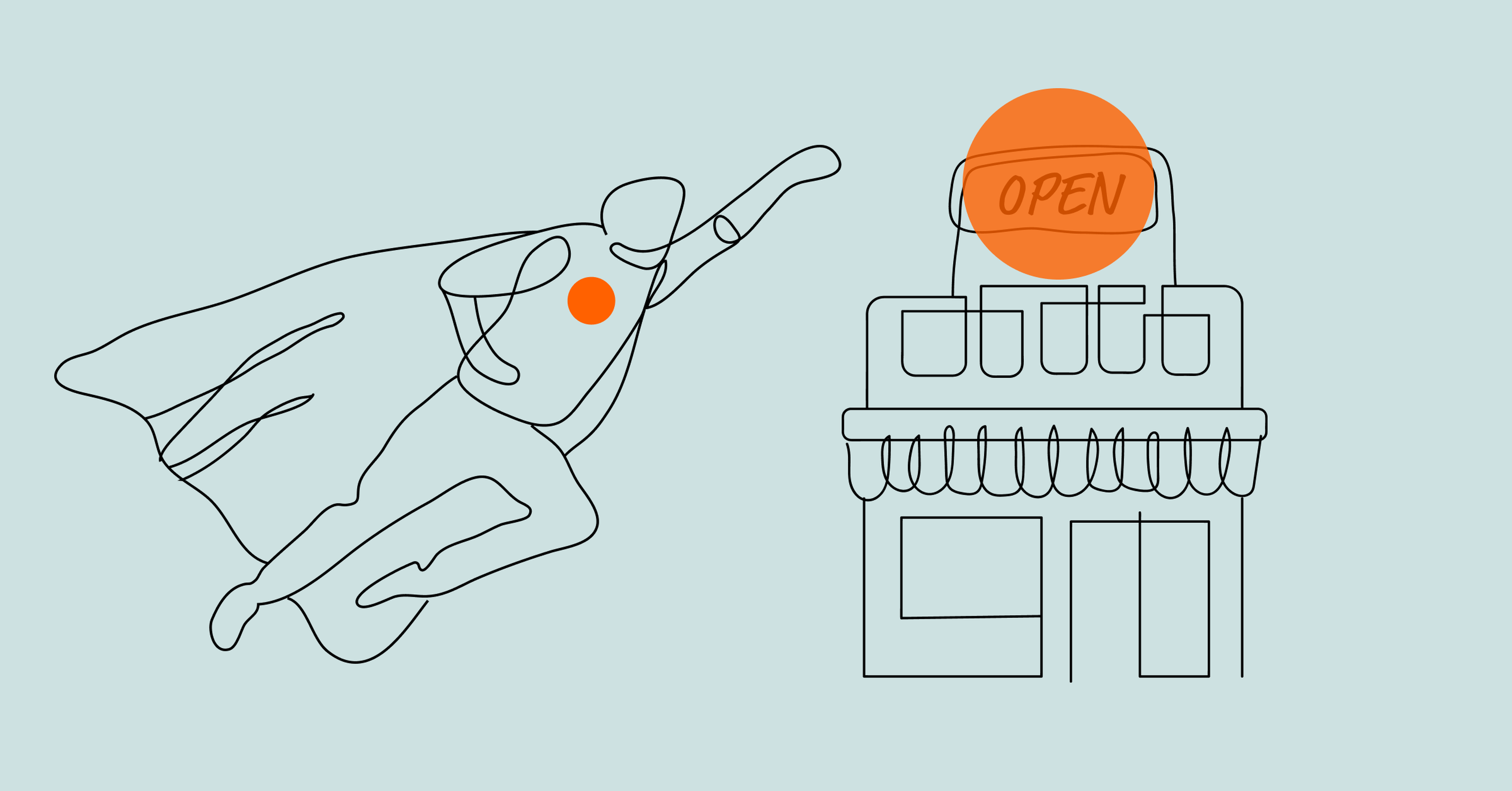 Line art of a superhero with a cape flying towards a building with a glowing "OPEN" sign on the roof. Both the superhero and the building are outlined, with the superhero having an orange circle on the chest and the open sign filled with solid orange.
