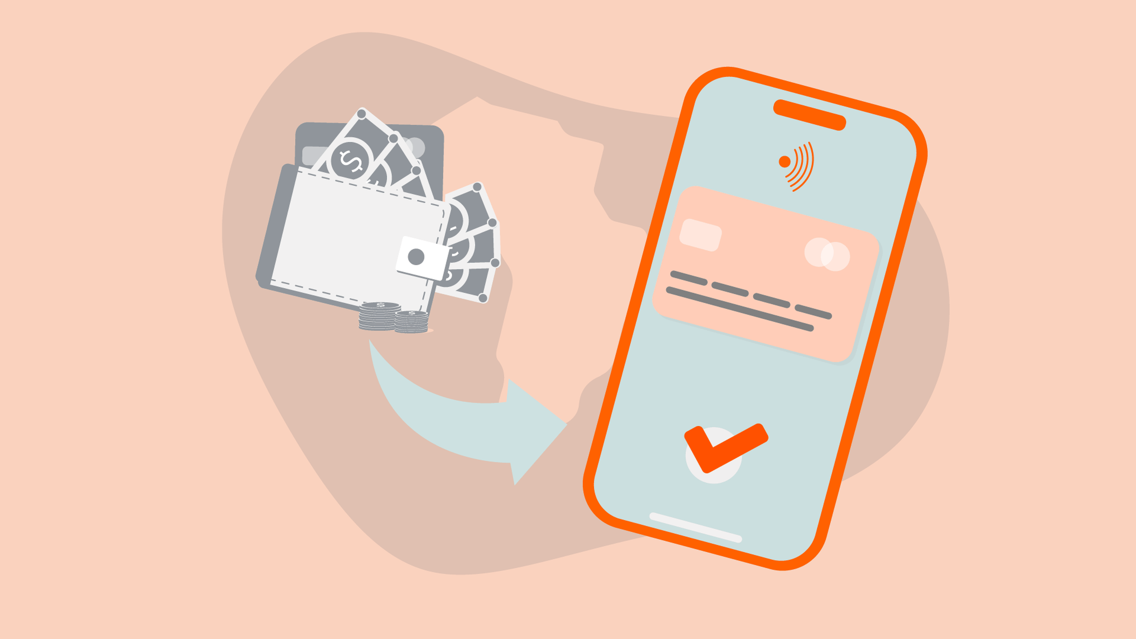 Illustration showing a wallet with cash and cards being transferred digitally to a smartphone. The phone screen displays a card with a checkmark, indicating a successful transaction or payment. An arrow points from the wallet to the phone. Background is light peach, reflecting financial inclusion efforts in Sub-Saharan Africa.