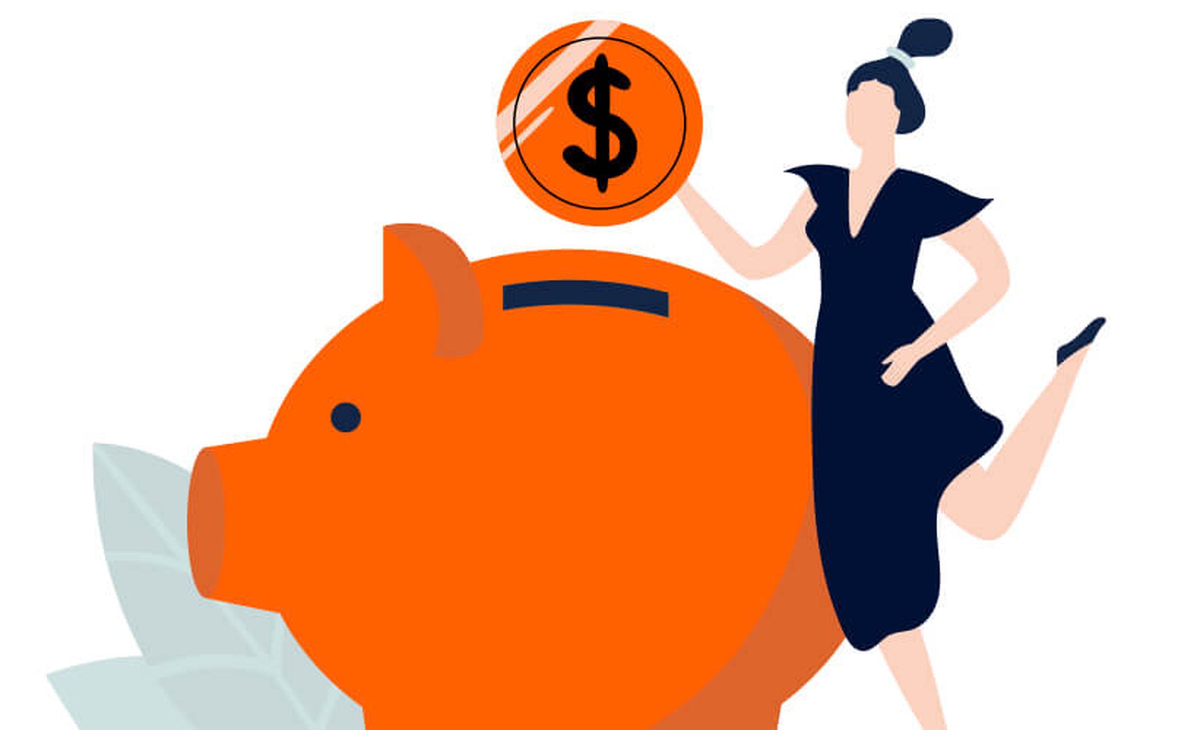 Illustration of a person in a black dress and ponytail standing beside a large orange piggy bank, balancing a coin with a dollar sign above their hand.