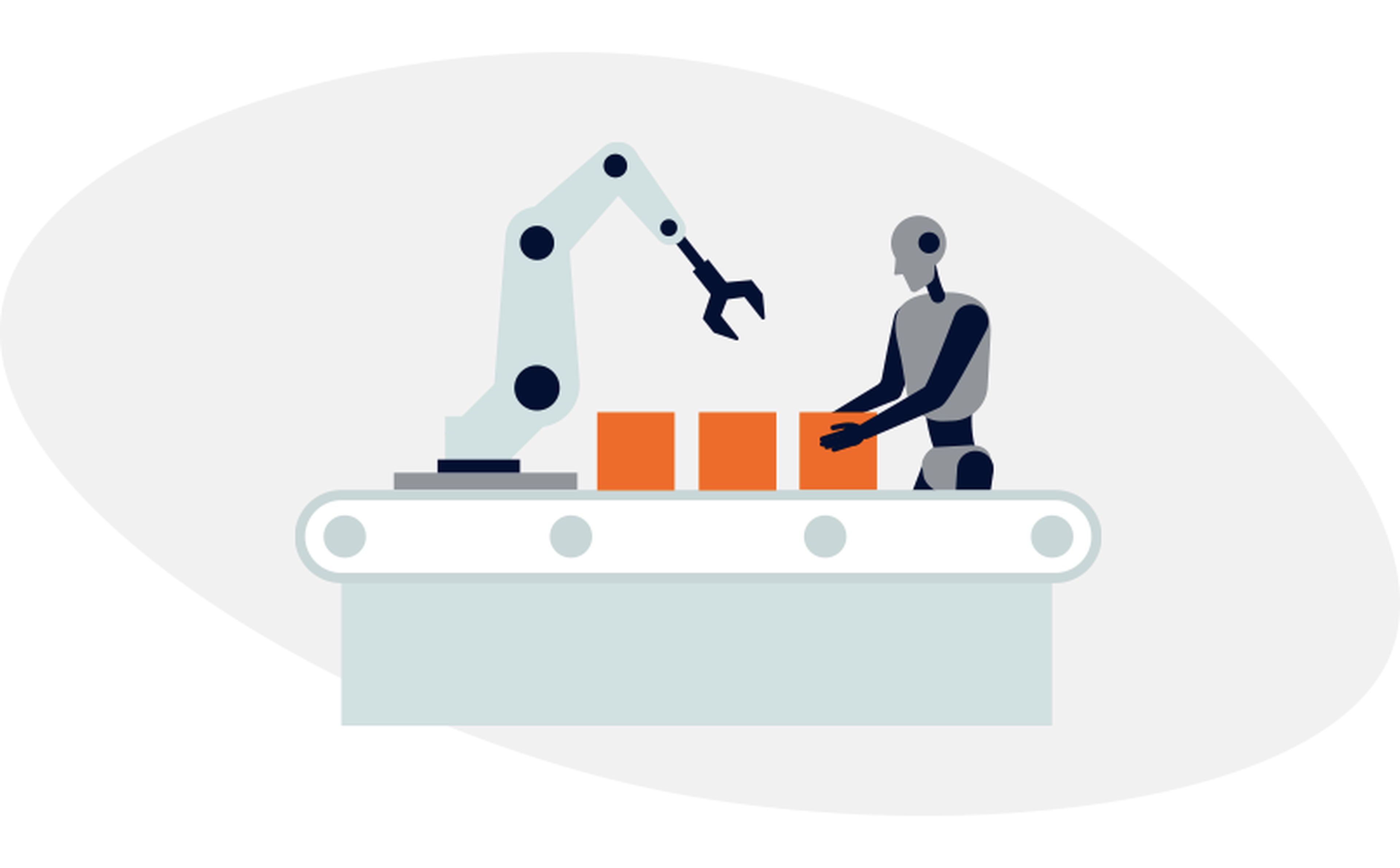 Illustration of a robotic arm and a humanoid robot working together at a conveyor belt. The robotic arm is lifting a box while the humanoid robot is positioning another box, highlighting concerns about jobs lost to automation. The background is plain with a gray oval shape.