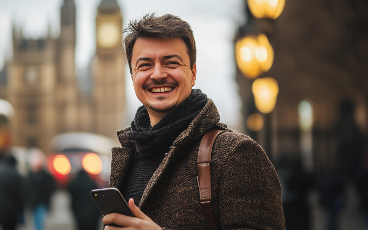 A man wearing a brown coat and scarf smiles while holding his phone, standing on a city street with blurred lights and Big Ben in the background. The lively setting hints at vibrant migrant communities, adding depth to this atmospheric urban environment.