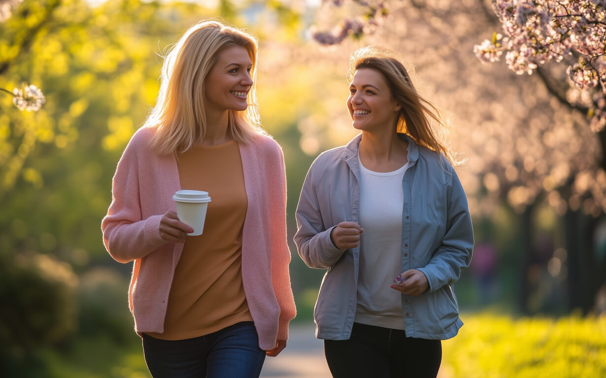 Two women walk and smile in a sunlit park surrounded by blooming trees. One holds a coffee cup, wearing casual jackets. Engaged in conversation about how Mother's Day is celebrated, they relish the pleasant weather and spring scenery.