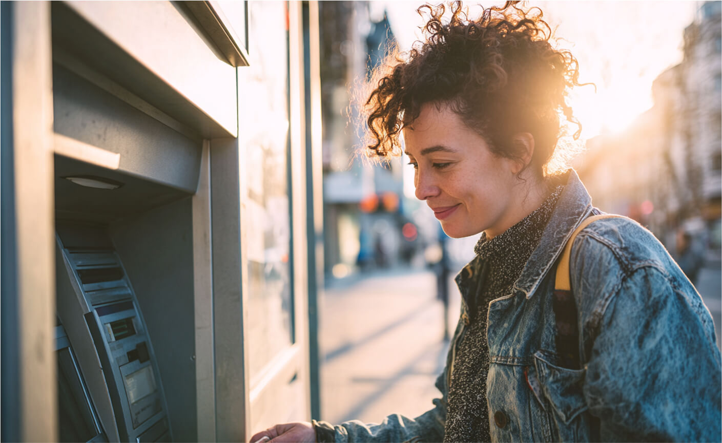 A person with curly hair and a denim jacket smiles while using an outdoor ATM, enjoying the sunlight—showing how easy it is to send money without a bank account.