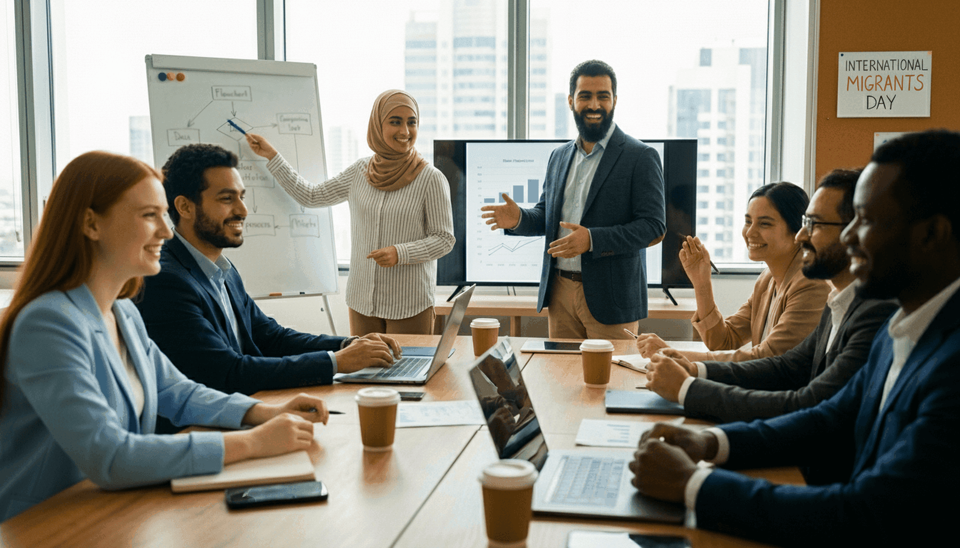A diverse group of professionals sits around a conference table, listening to a woman in a hijab present at a whiteboard. Charts and laptops are visible. A sign on the wall reads "International Migrants Day.