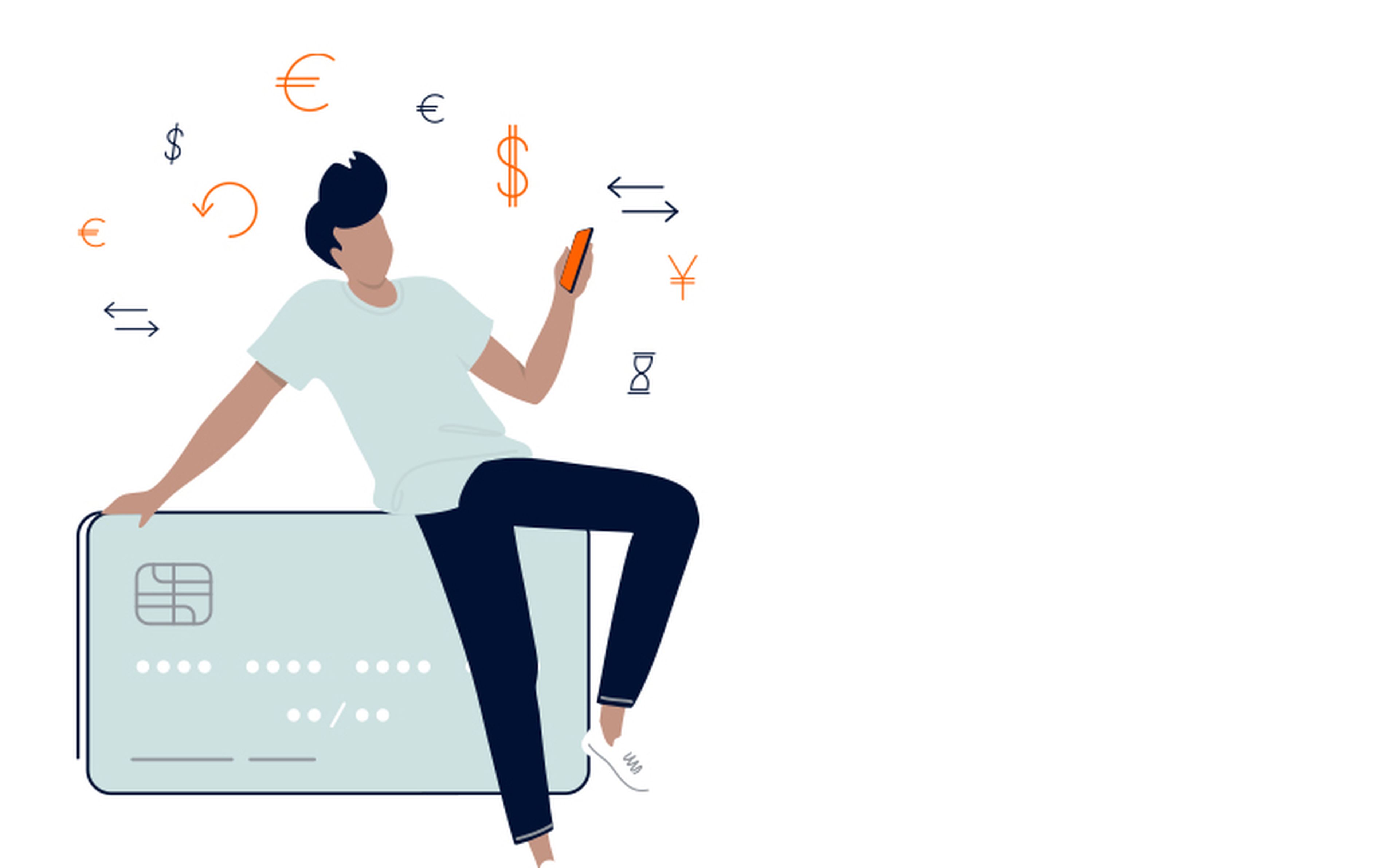 Illustration of a person sitting on an oversized credit card holding a smartphone. Various currency symbols and arrows float around them, indicating financial transactions or online banking. The background is plain white.