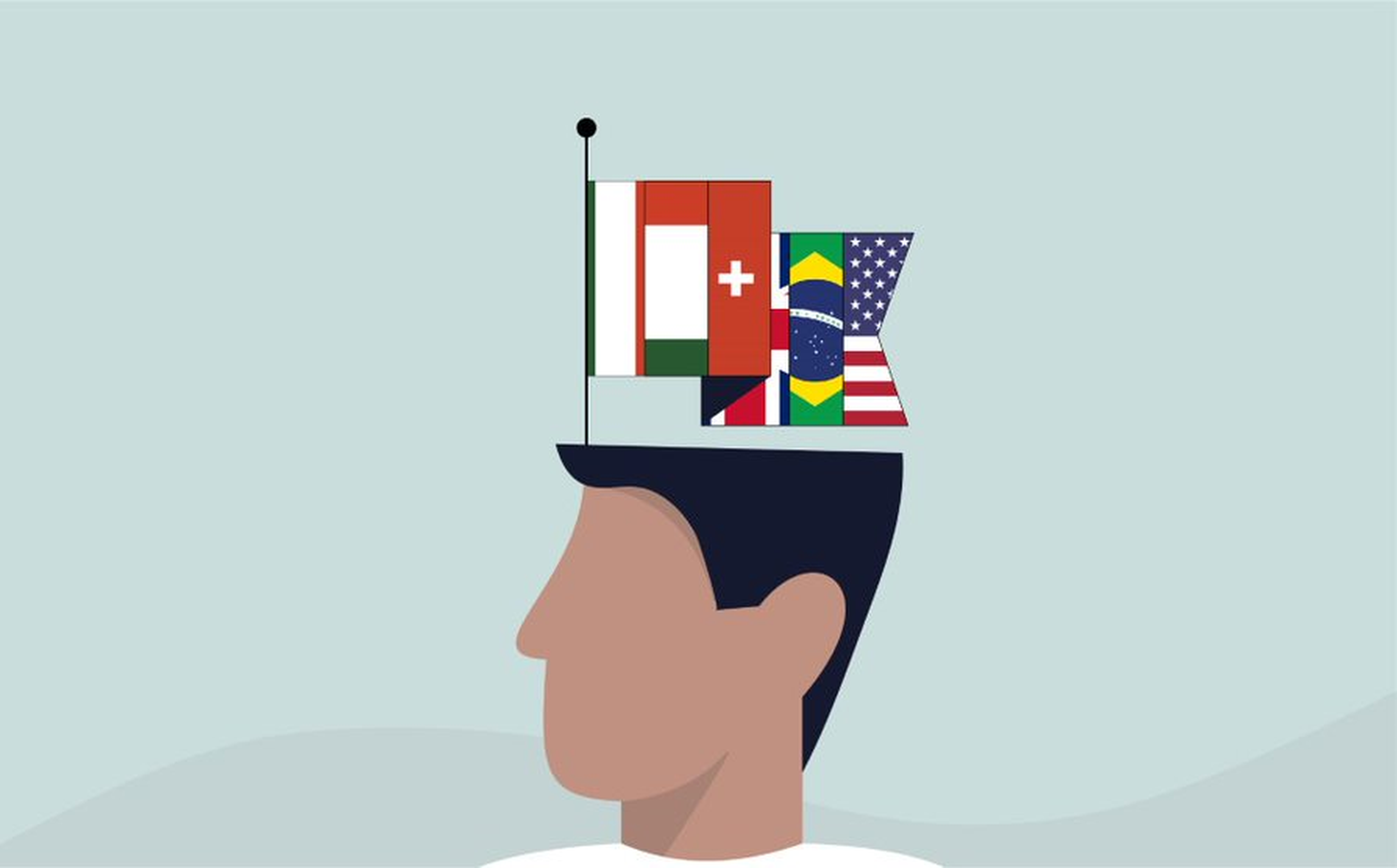 Illustration of a person's head in profile, with the top of the head open, revealing the letters "L K" formed by various international flags, including those of Italy, Switzerland, Brazil, and the USA. The background is a light greyish blue.