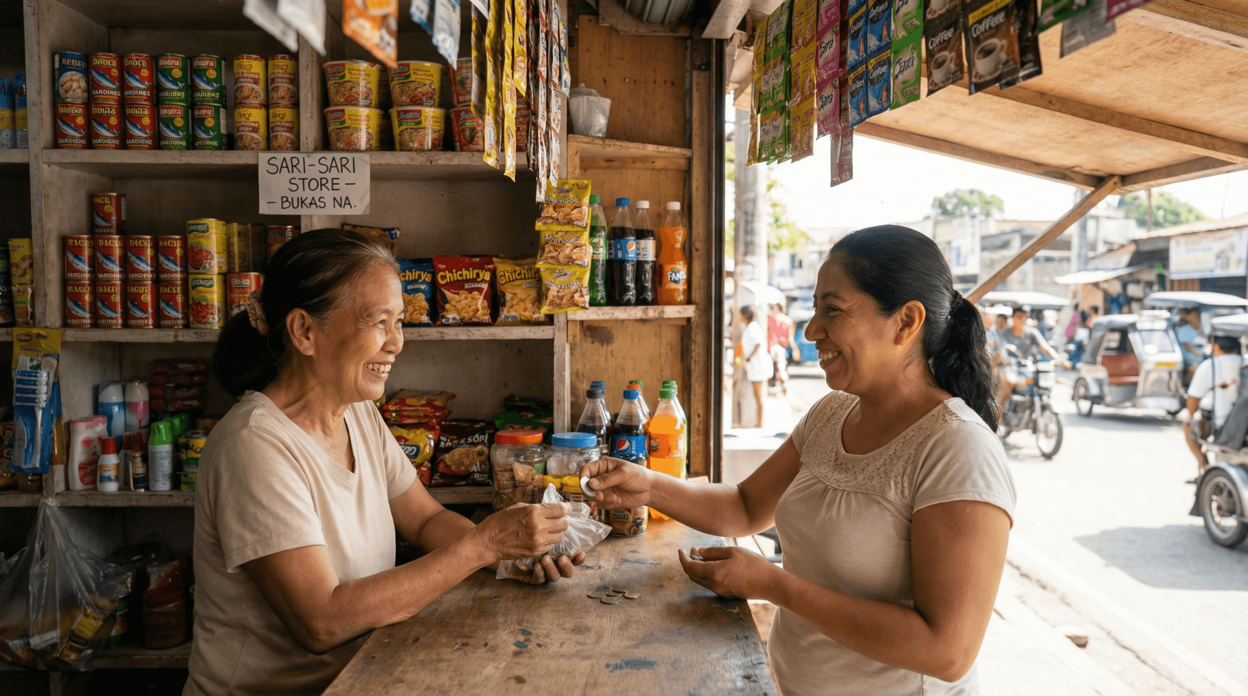 Two women smile as they exchange goods and payment at a small, outdoor sari-sari store filled with snacks—an everyday scene of community that reflects what migrants miss most about home on a sunny day in a busy neighborhood.