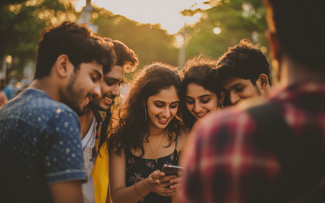 A group of young adults gather closely outdoors, smiling and looking at a smartphone together, enjoying a cheerful moment in the warm, golden sunlight—perhaps discovering an easy way to Send Money to India. Trees blur in the background.