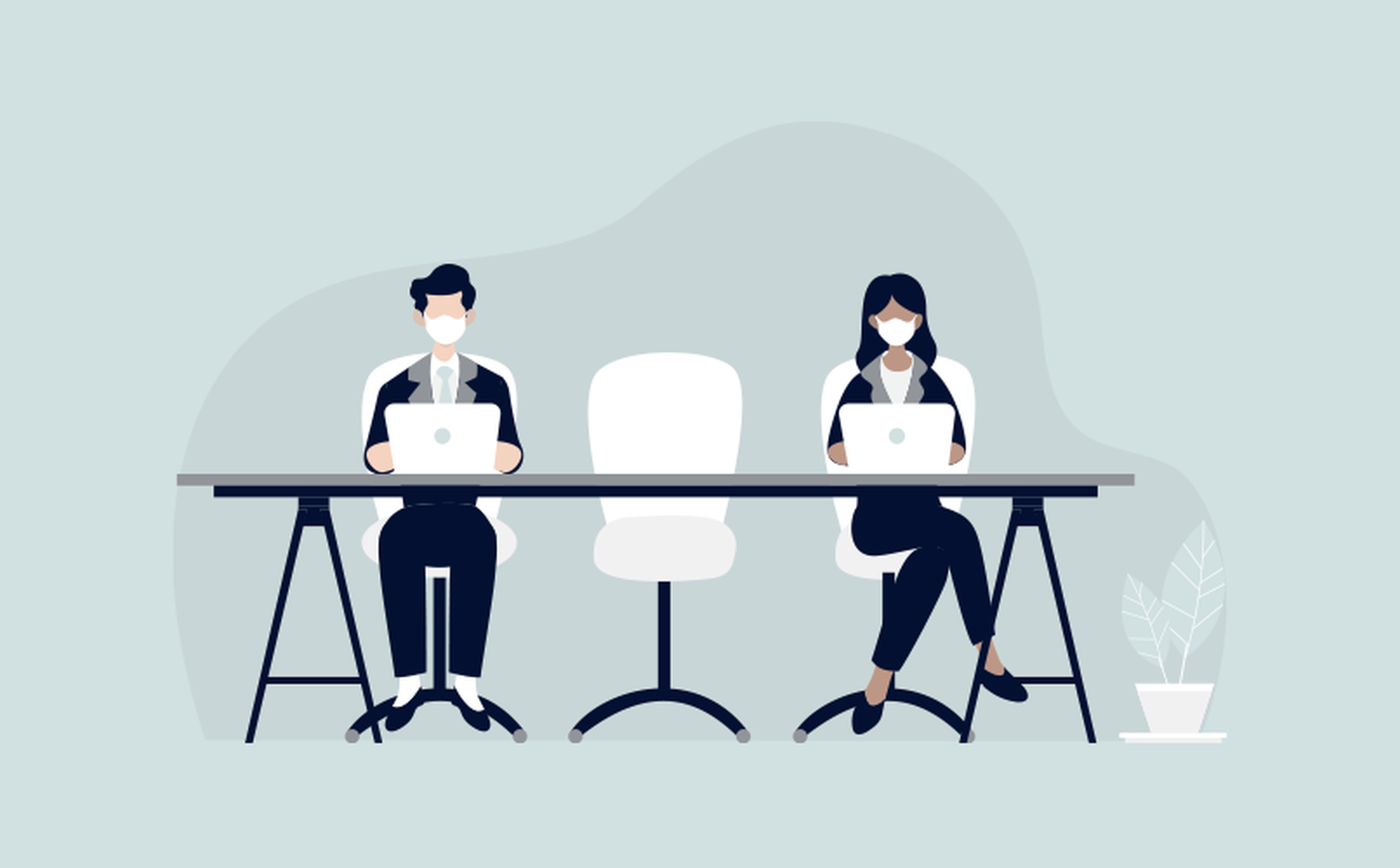 Illustration of two people sitting at a desk, both wearing white face masks and working on laptops amid a covid-19 update. They are seated on either side of an empty chair, with a small plant off to the right on the ground. The background is a light grey color.