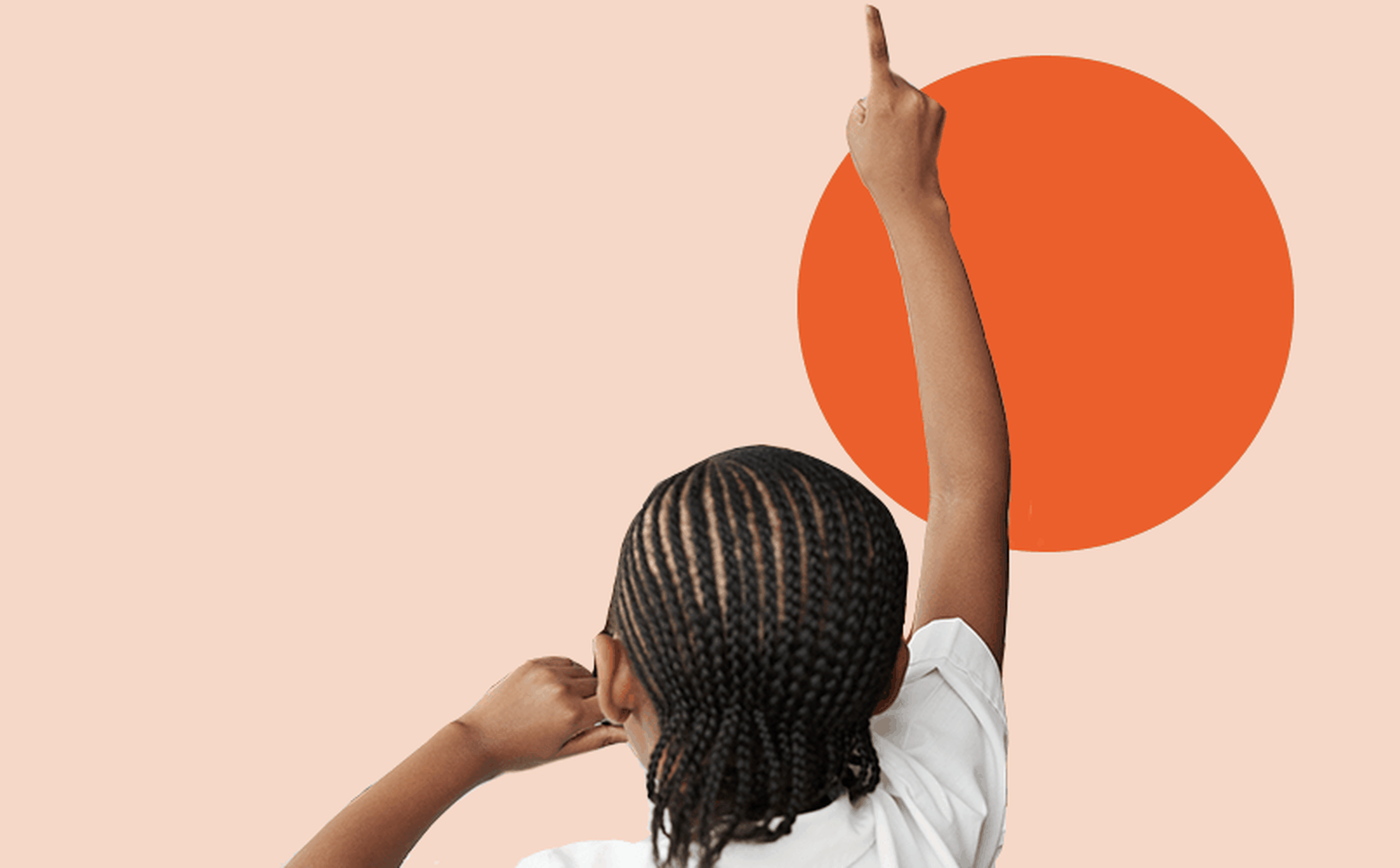 A child with braided hair, wearing a white shirt, is raising their right hand while the other hand is bent near the face. The background is light orange with a large, red circle to the child's right.