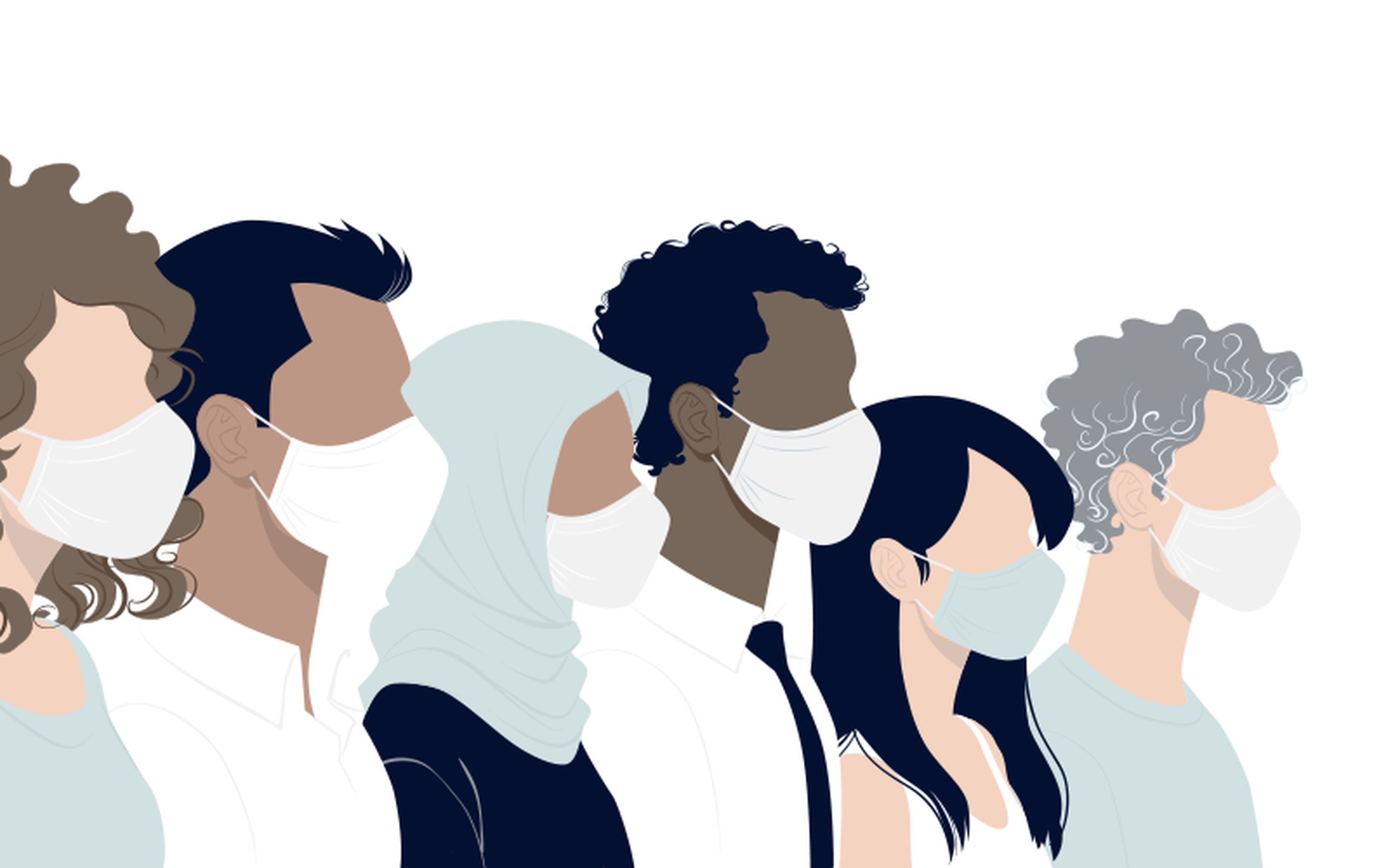 Illustration of a diverse group of seven people wearing face masks. They stand side by side, facing the same direction. The individuals have different skin tones and hairstyles, and one person is wearing a hijab. The background is plain white.