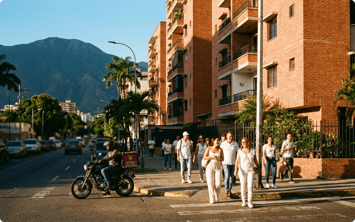A group of people crosses a city street at a crosswalk near brick apartment buildings, while a motorcyclist with a delivery box—perhaps about to send money to Venezuela—waits. Mountains and palm trees rise in the background under a clear sky.