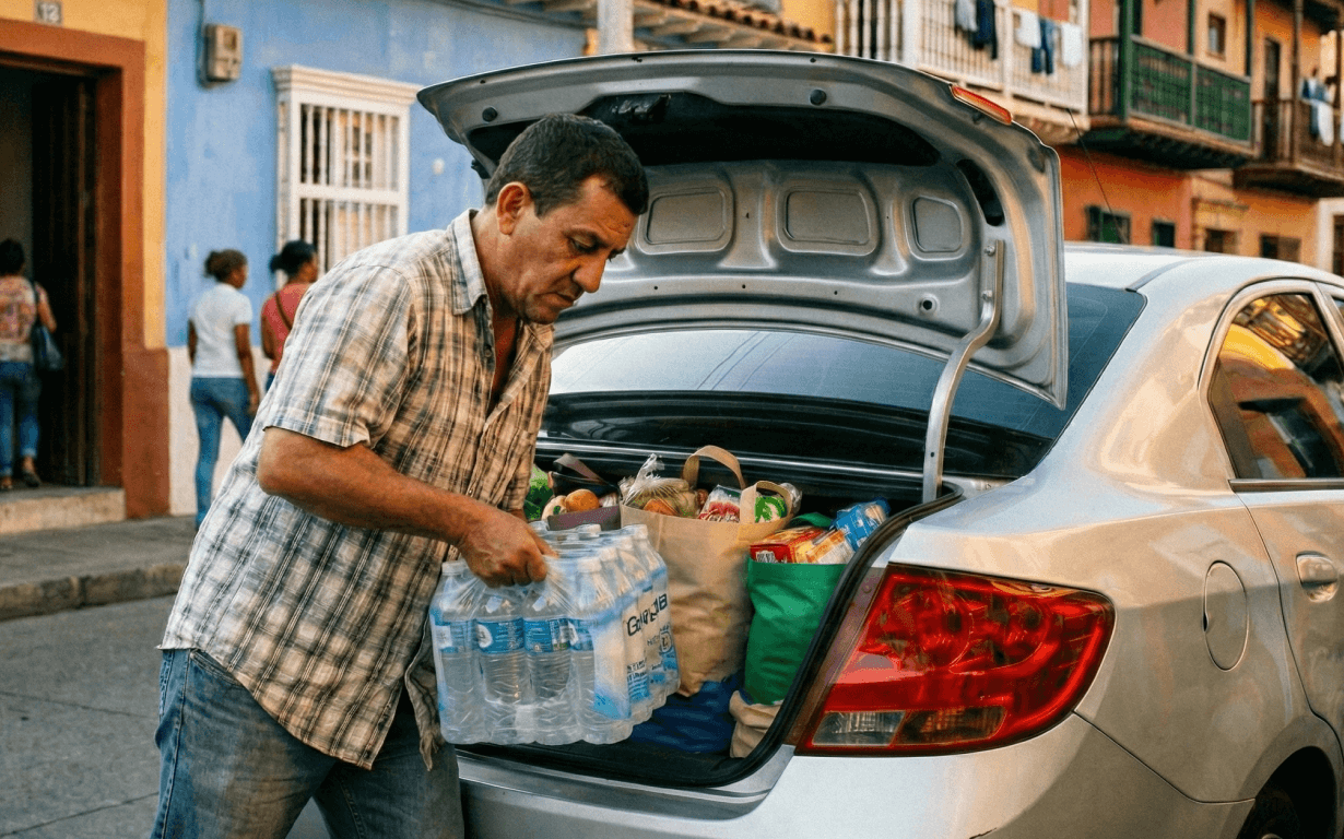 A man unloads groceries and a pack of bottled water from the open trunk of a silver car parked on a city street—showing just what you can buy with $100, set against colorful buildings and bustling people in the background.
