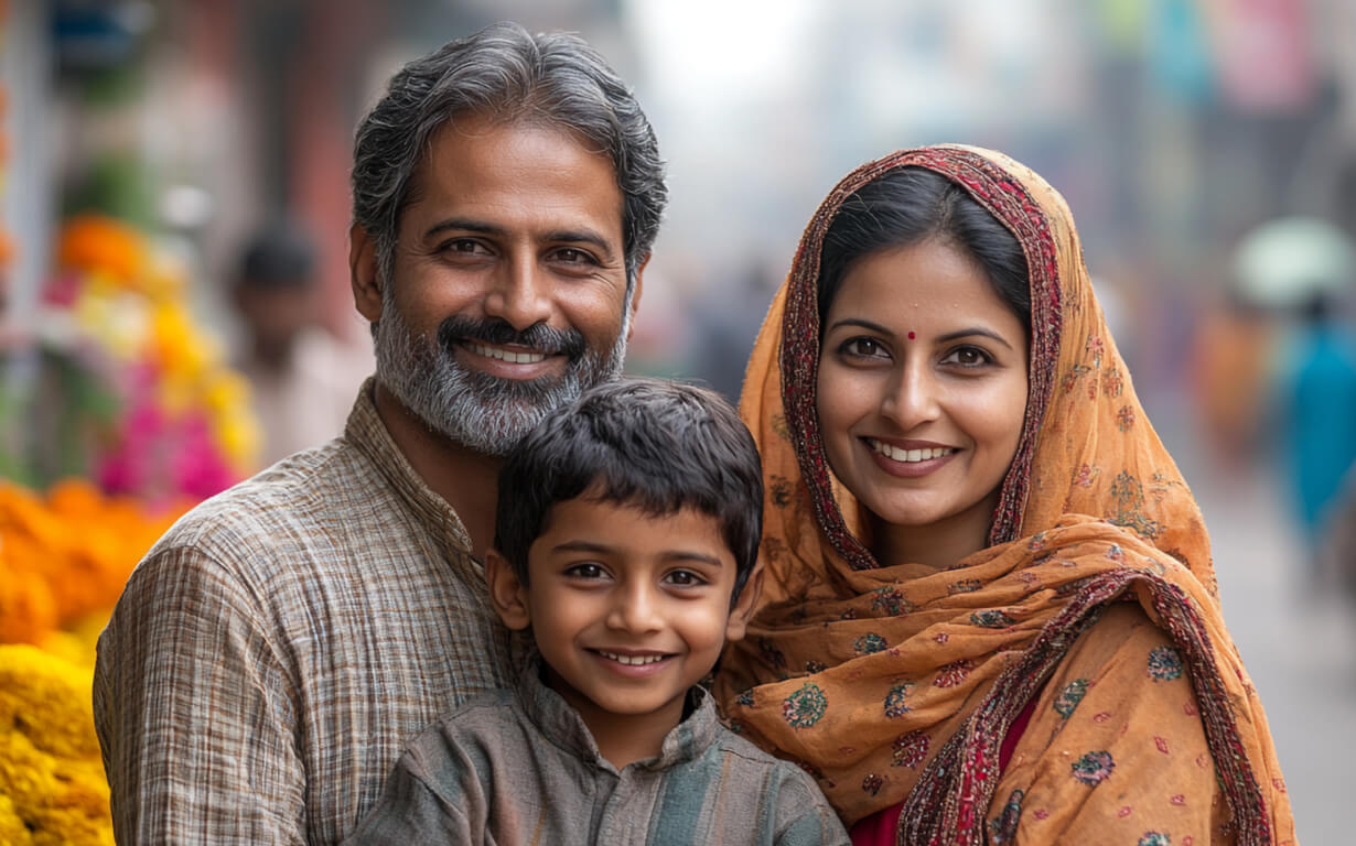 A smiling family of three, part of the vibrant migrant communities, poses outdoors. A man with a gray beard, a woman in a headscarf, and a young boy stand joyfully in front of blurred colorful flowers and bustling market stalls. Their happiness and closeness shine through.