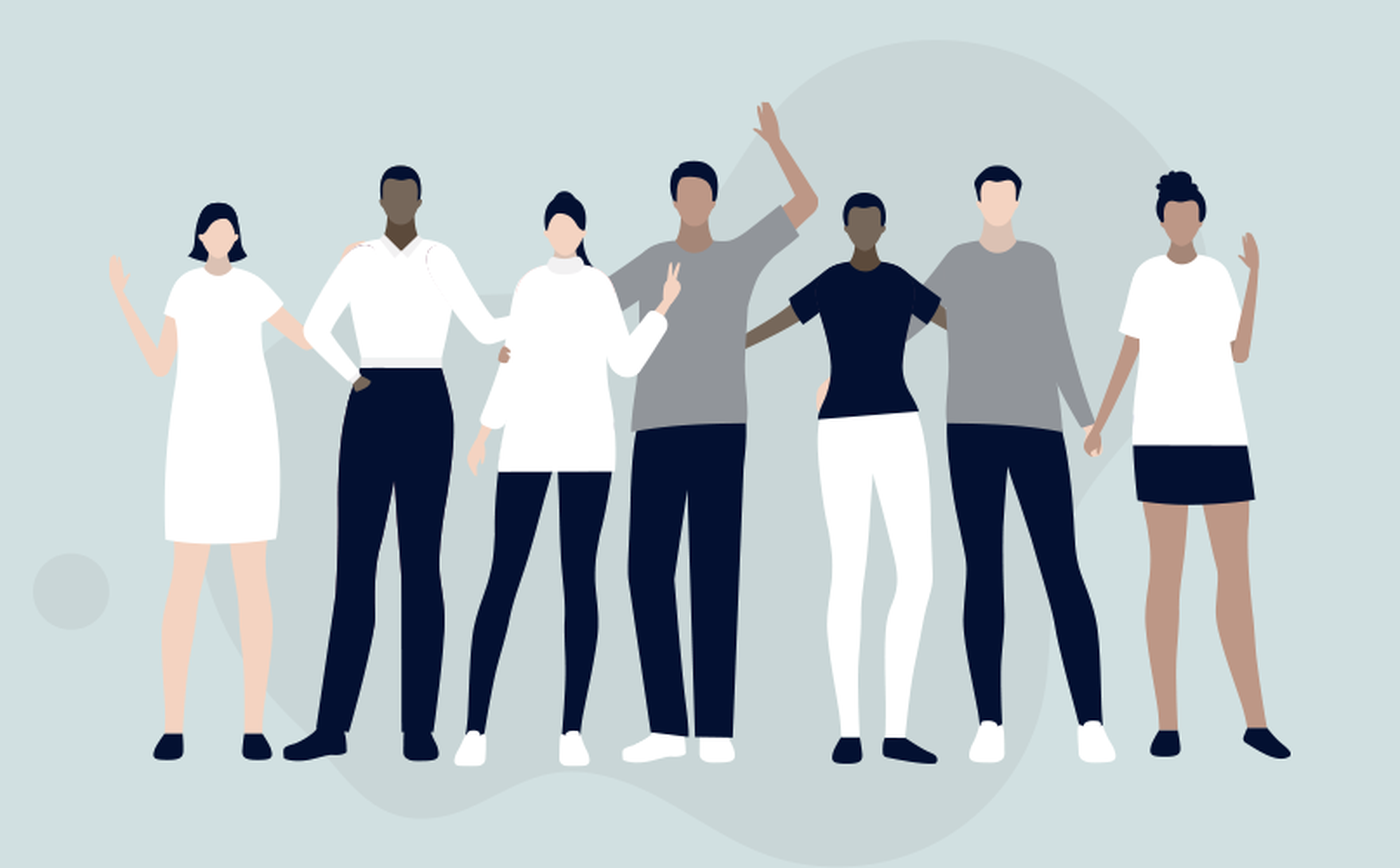Illustration of a diverse group of seven people standing together. They have their arms around each other and are making friendly gestures, such as waving or giving the peace sign. The background is light blue with abstract shapes.