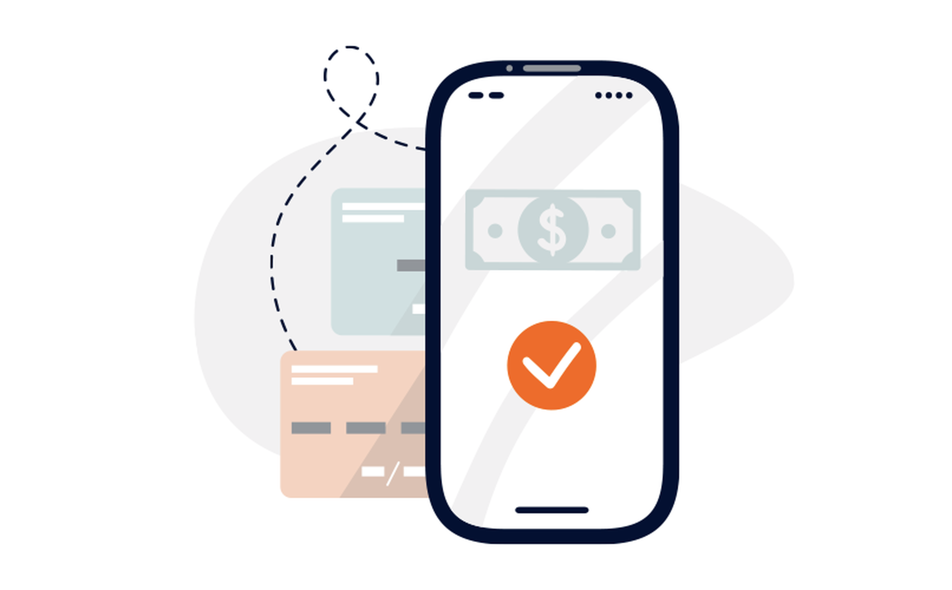 An illustration featuring a smartphone displaying an image of a dollar bill with a check mark below it. Behind the smartphone are stylized representations of credit cards. The design suggests mobile payments or digital transactions, reflecting current fintech trends.