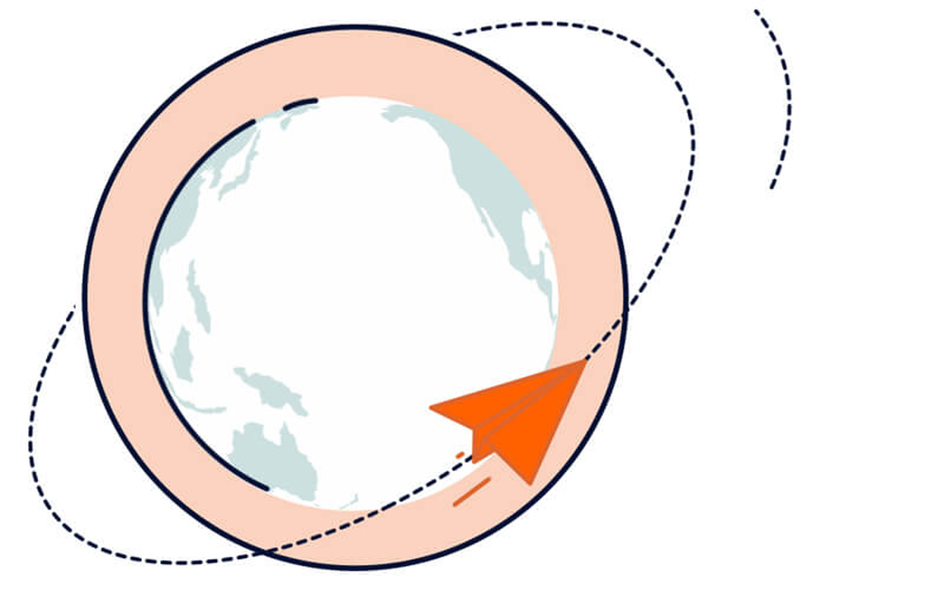 An illustration of a paper airplane flying around a partial depiction of the Earth, circled by a dotted line, symbolizing global connectivity or travel. The airplane is orange and the Earth is shown with light blue and white colors.