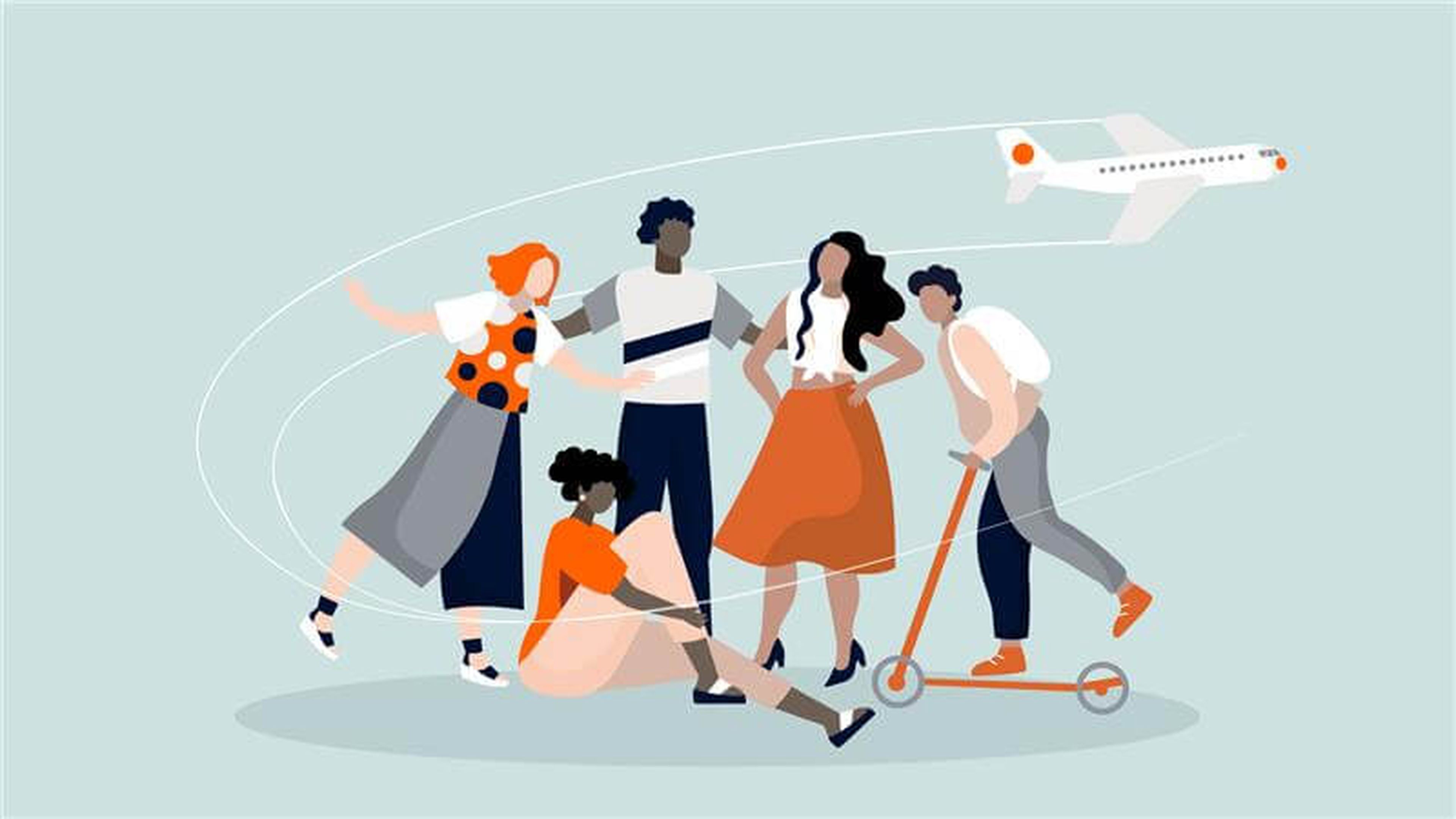 Illustration of five diverse people, some standing and one sitting, with one person on a scooter. An airplane flies in the background, leaving a white trail, symbolizing journeys of cultural identity.