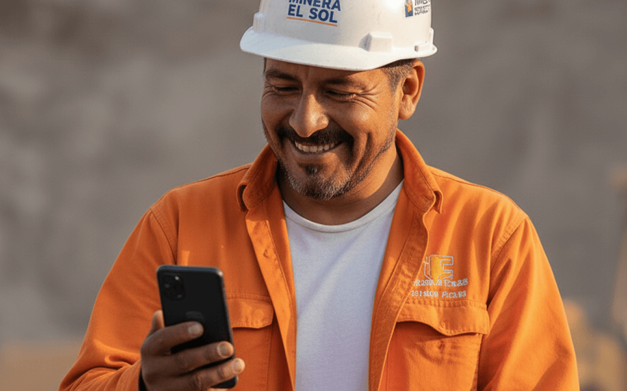 A man in an orange work shirt and white hard hat smiles while looking at his smartphone, standing outdoors at what appears to be a construction or mining site—possibly about to send money to Peru.
