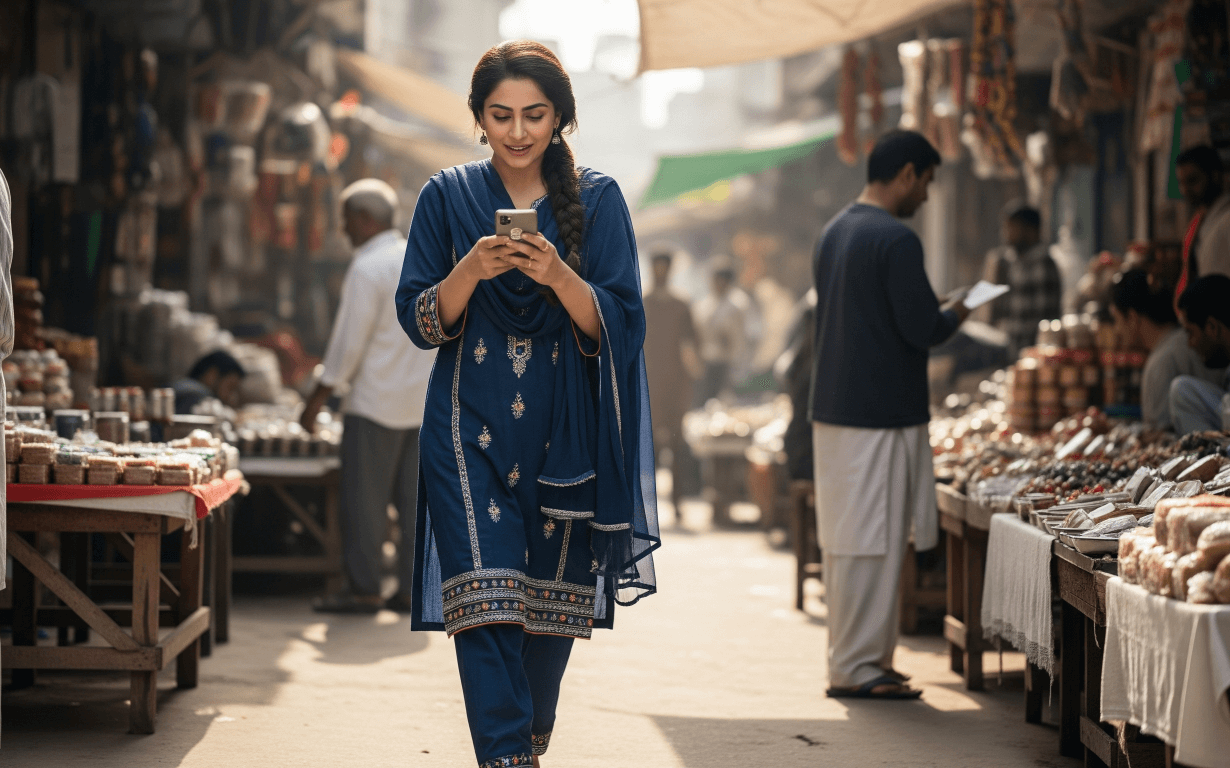 A woman in a blue traditional outfit smiles while looking at her phone, walking through a lively outdoor market with stalls of spices and goods—perhaps checking how to use Ria for convenient transfers, surrounded by shoppers.
