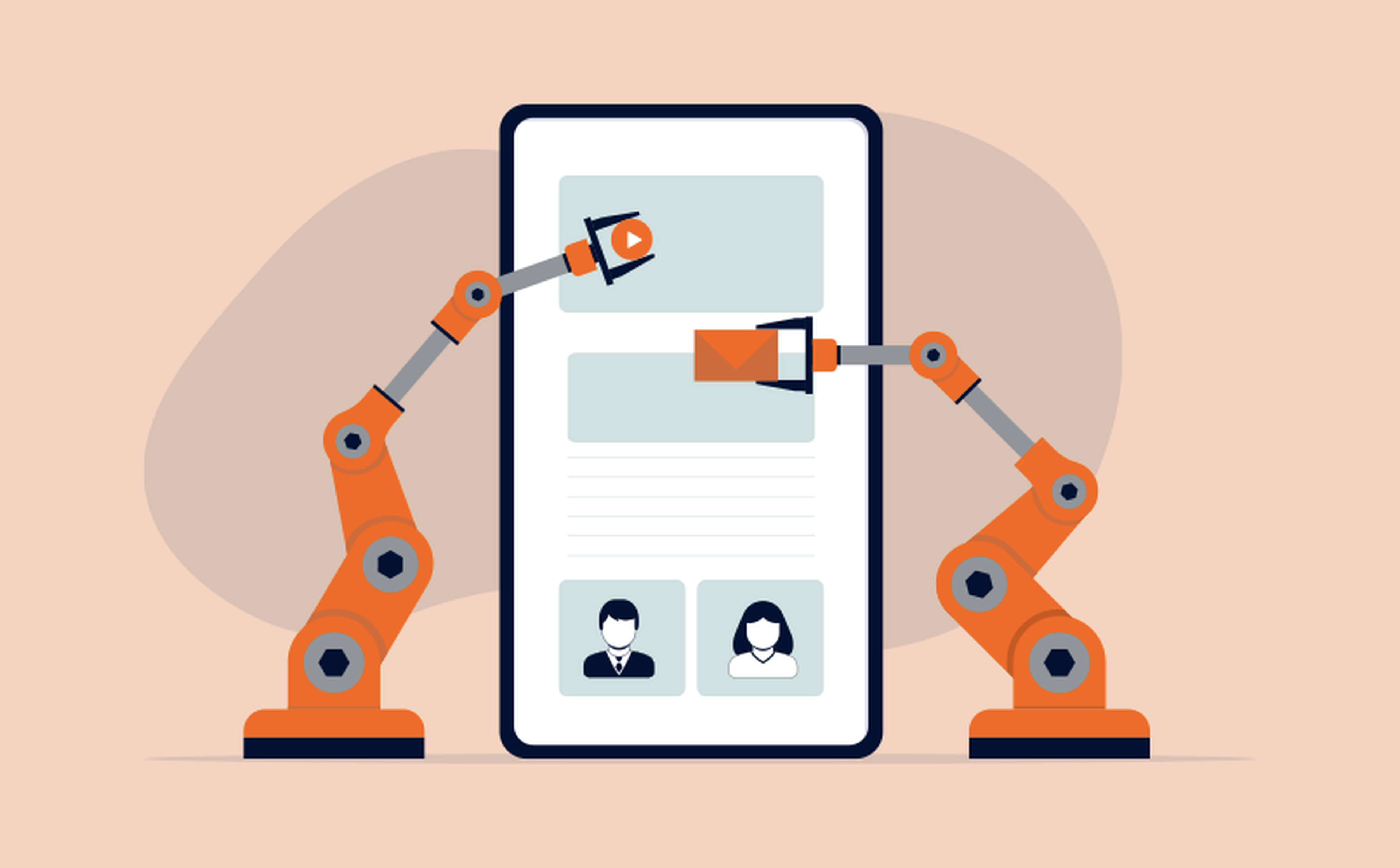 Illustration of two robotic arms operating a large smartphone. The left arm taps a play button on the screen, while the right arm delivers an envelope. The phone display shows icons of two people side by side at the bottom. The background is a soft beige color.