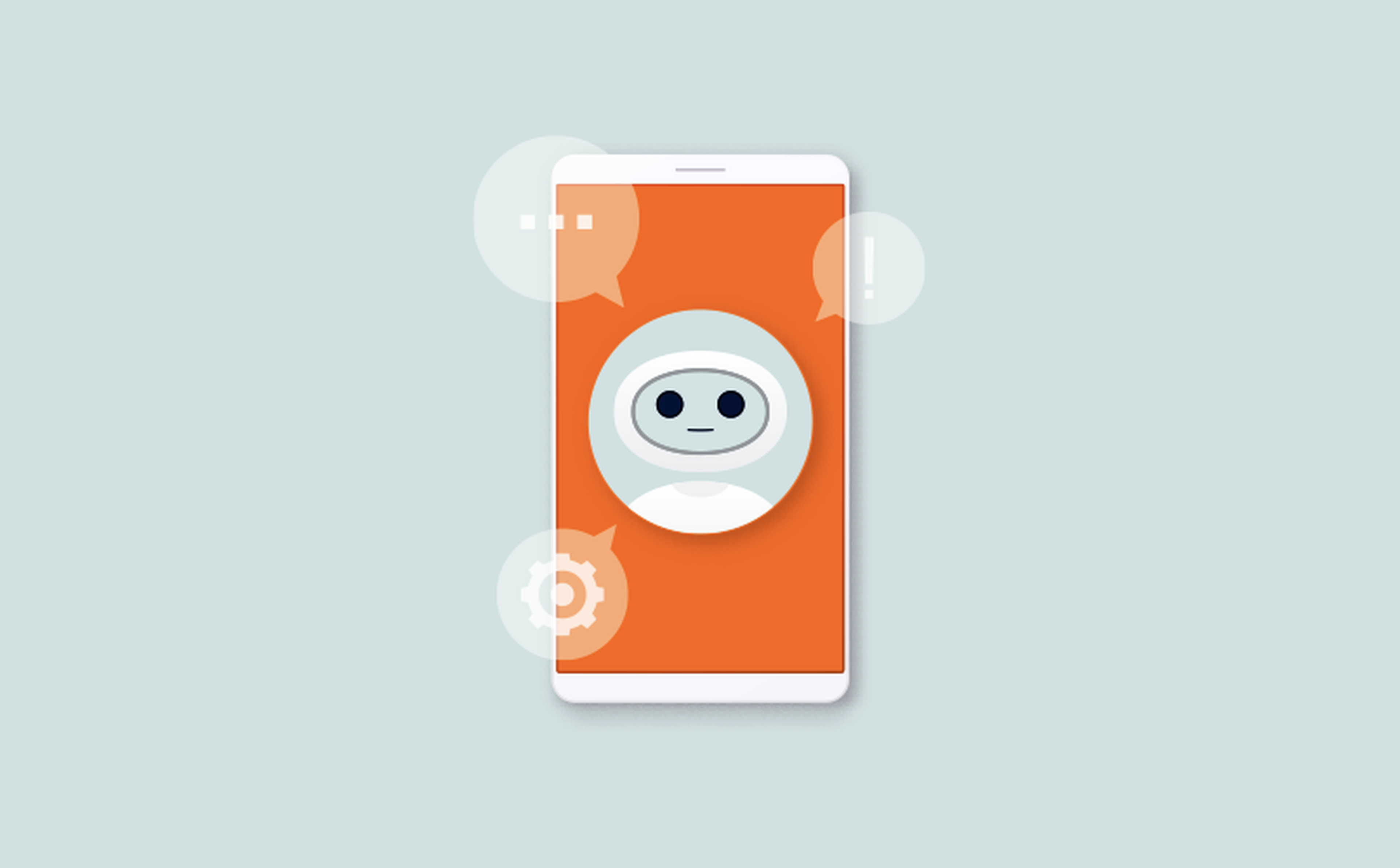 Illustration of a smartphone with an orange screen displaying a cute robot face. Speech bubbles, a cog icon, and an exclamation mark appear around the phone, indicating conversations and settings options. The background is light blue.