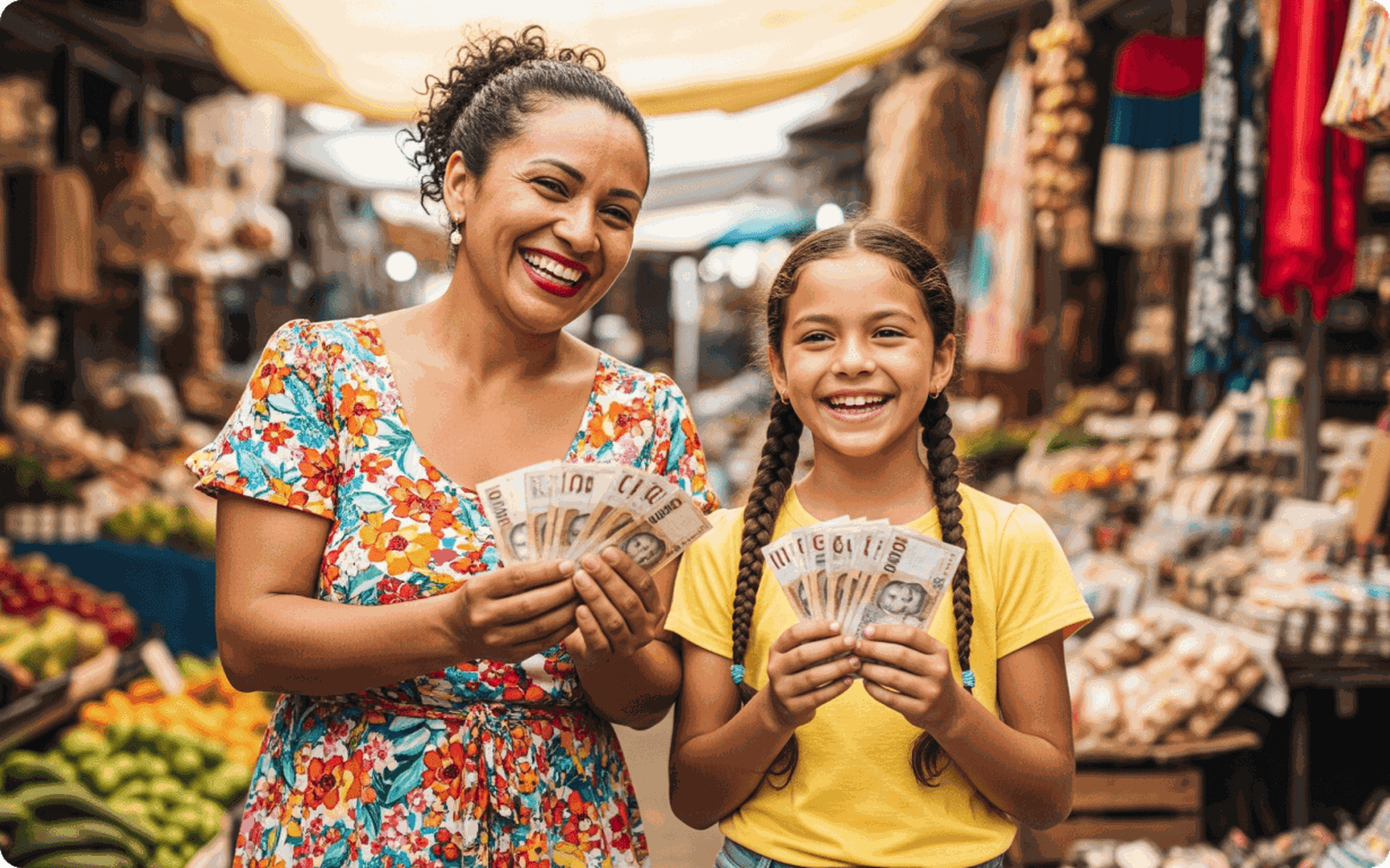 A smiling woman and girl stand in an outdoor market holding cash, surrounded by colorful fruits, vegetables, and goods—showcasing the joy that comes when families receive support like Send Money to Colombia. Both look cheerful in their vibrant outfits.