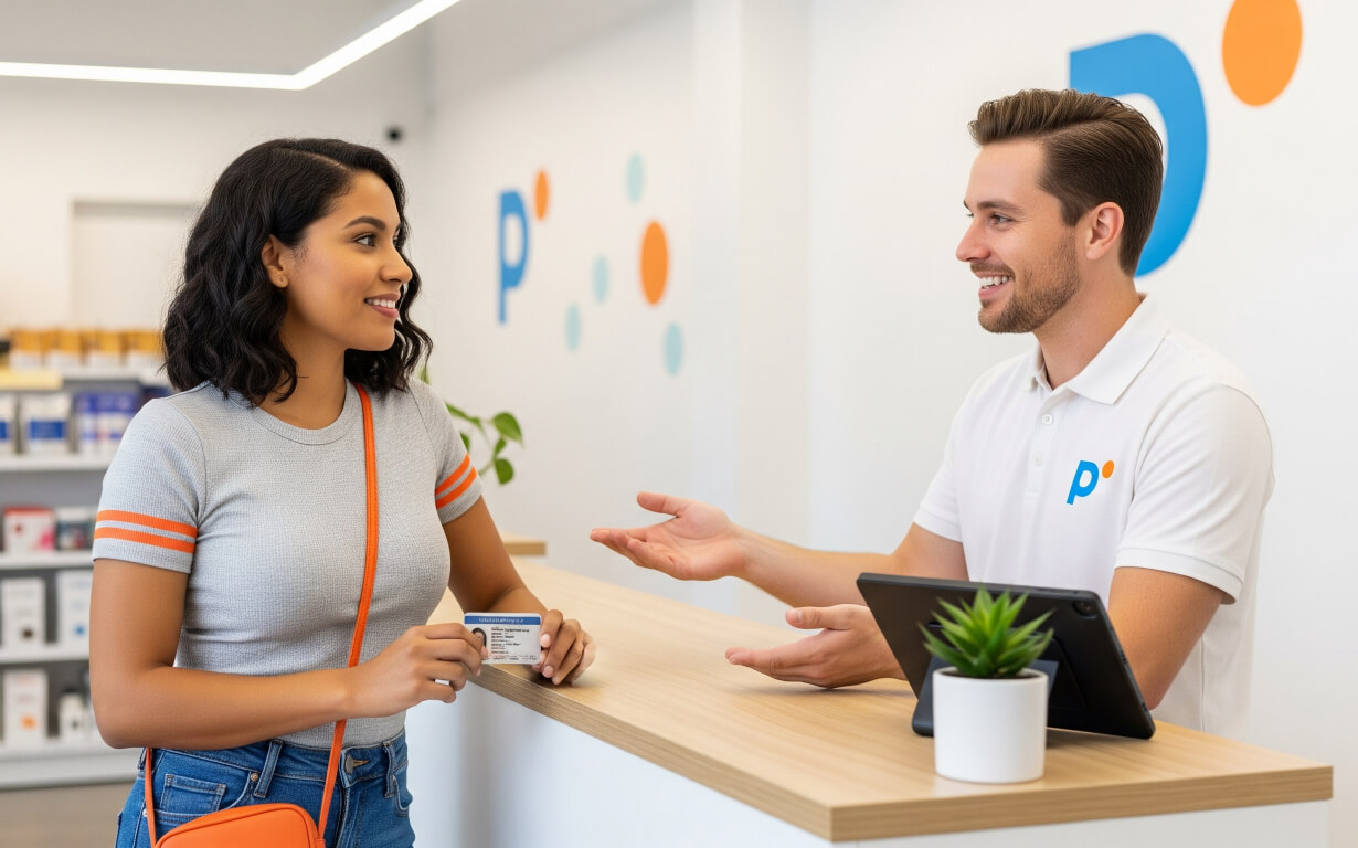 A woman holding a card smiles and talks with a male employee at a modern service counter, discussing how to track her Ria transfer. Both appear friendly; the counter has a tablet, a small potted plant, and blue and orange accents in a bright interior.