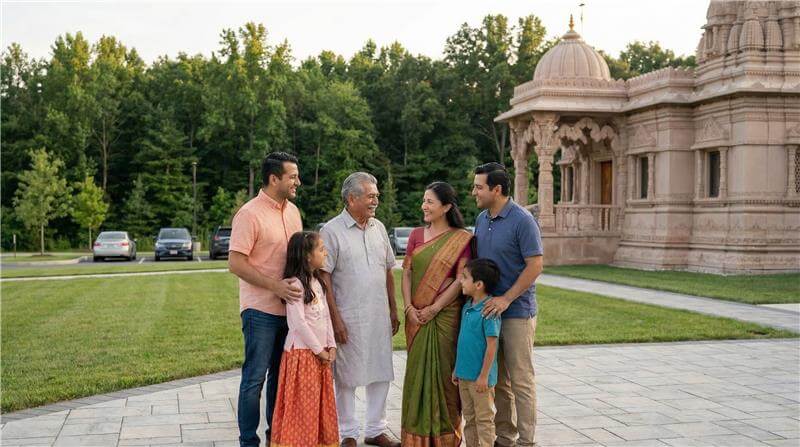 Three adults and three children stand together, smiling and talking, outside a Hindu temple surrounded by greenery—perhaps sharing stories of what migrants miss about home—on a sunny day with parked cars nearby.